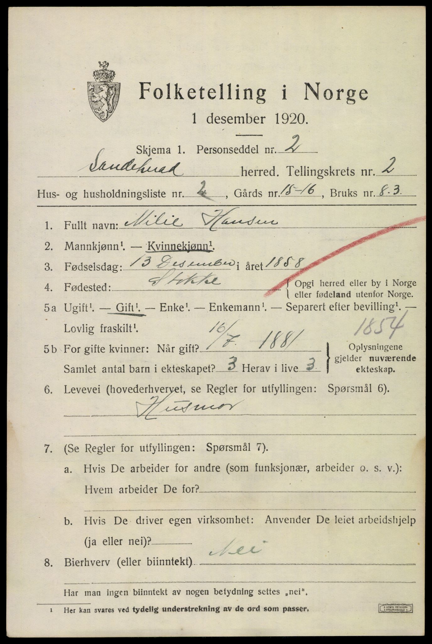 SAKO, 1920 census for Sandeherred, 1920, p. 4134