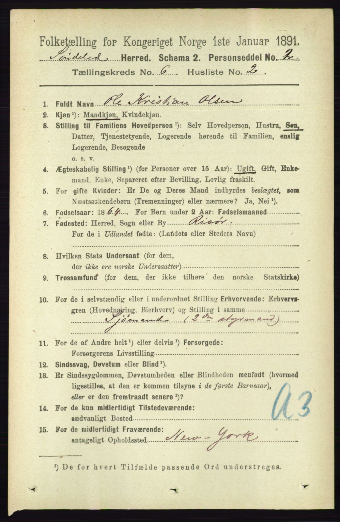 RA, 1891 census for 0913 Søndeled, 1891, p. 1819