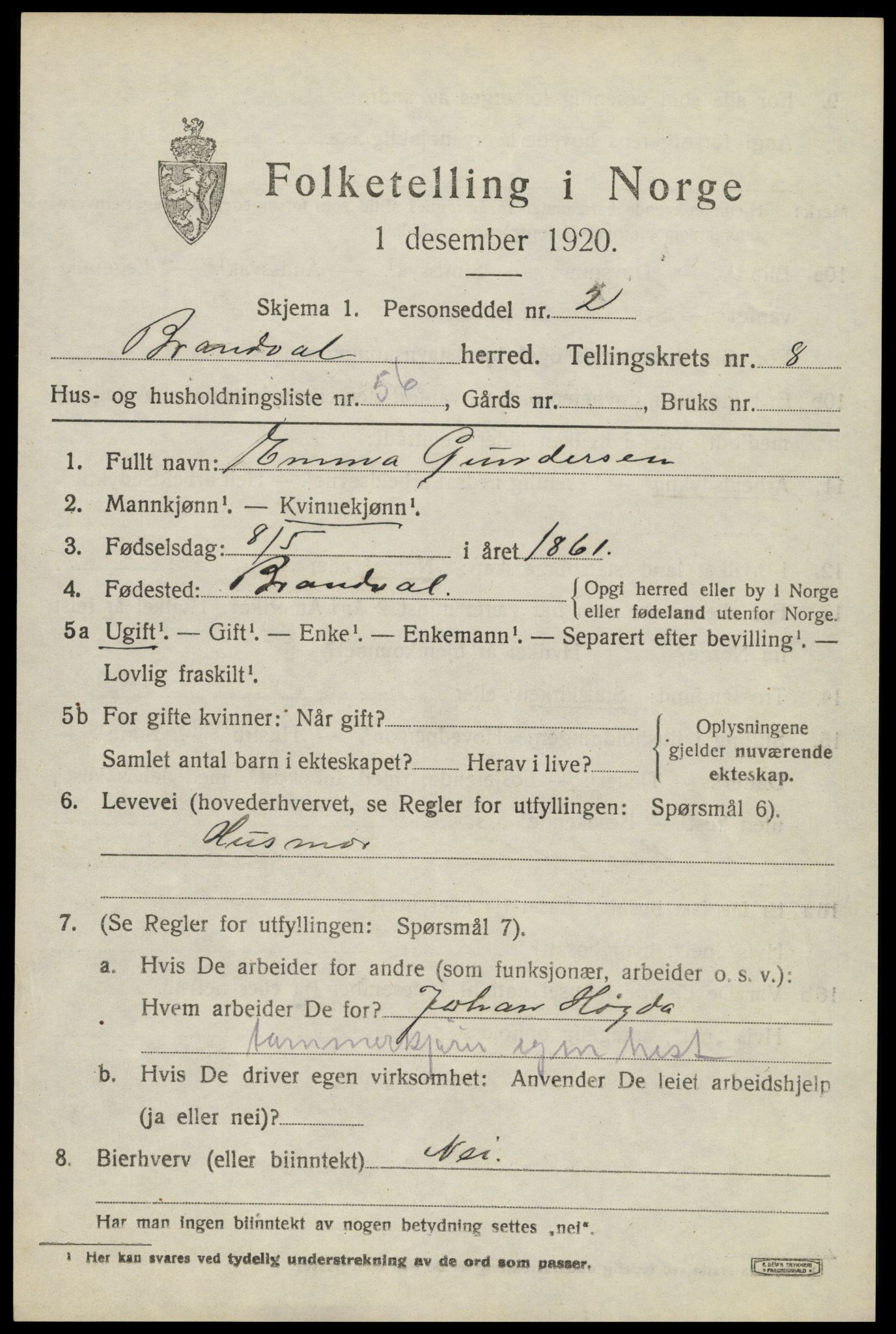 SAH, 1920 census for Brandval, 1920, p. 7286