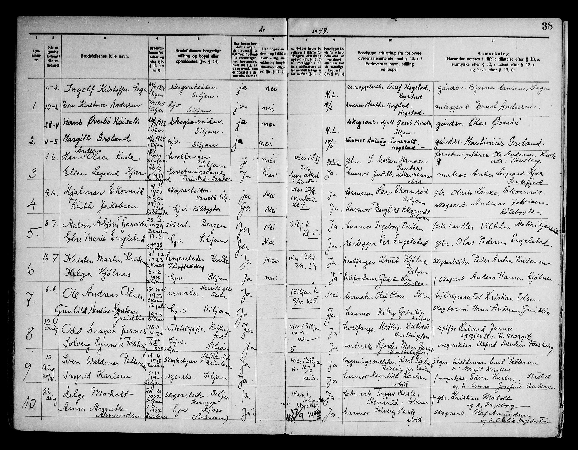 Siljan kirkebøker, AV/SAKO-A-300/H/Ha/L0001: Banns register no. 1, 1919-1975, p. 38