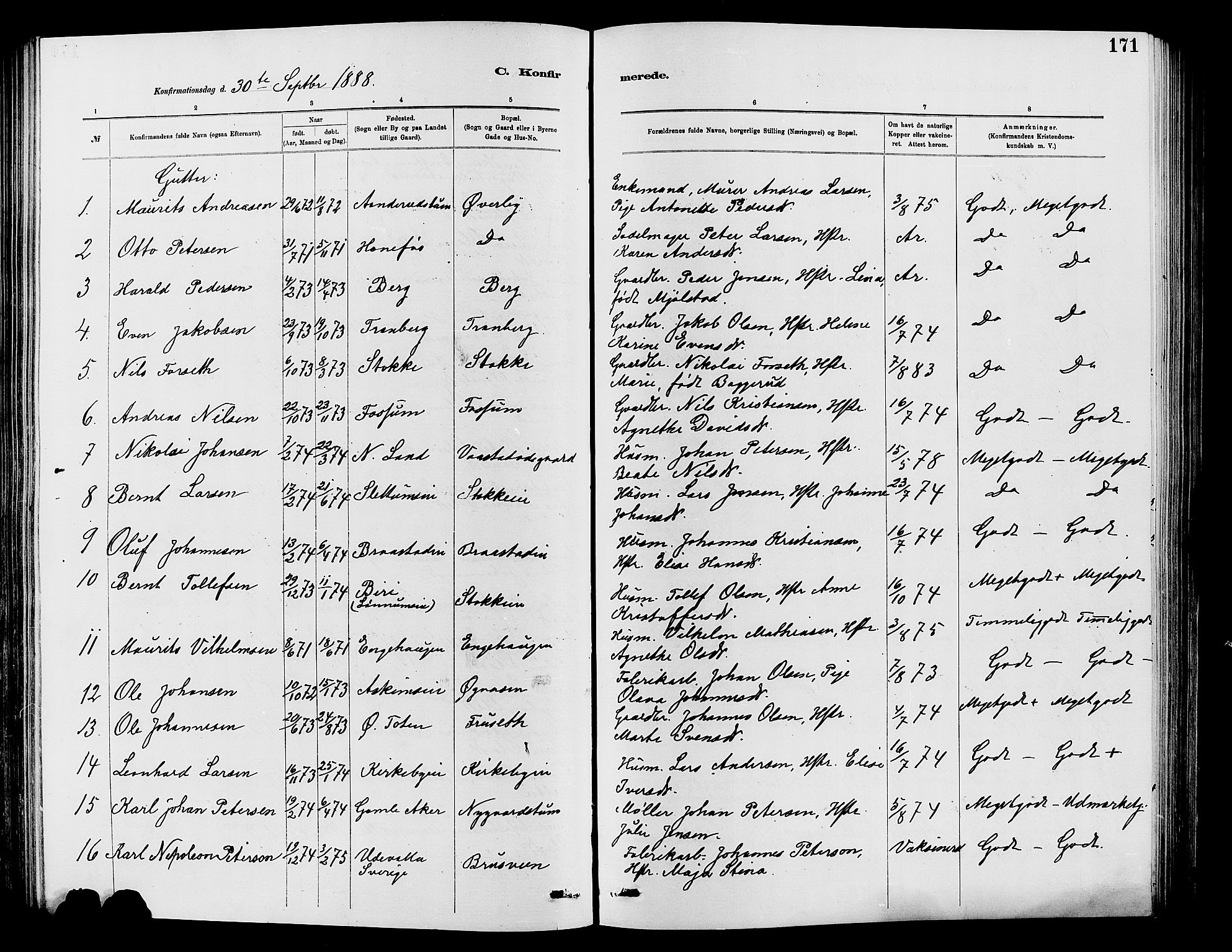 Vardal prestekontor, SAH/PREST-100/H/Ha/Hab/L0007: Parish register (copy) no. 7 /1, 1881-1895, p. 171
