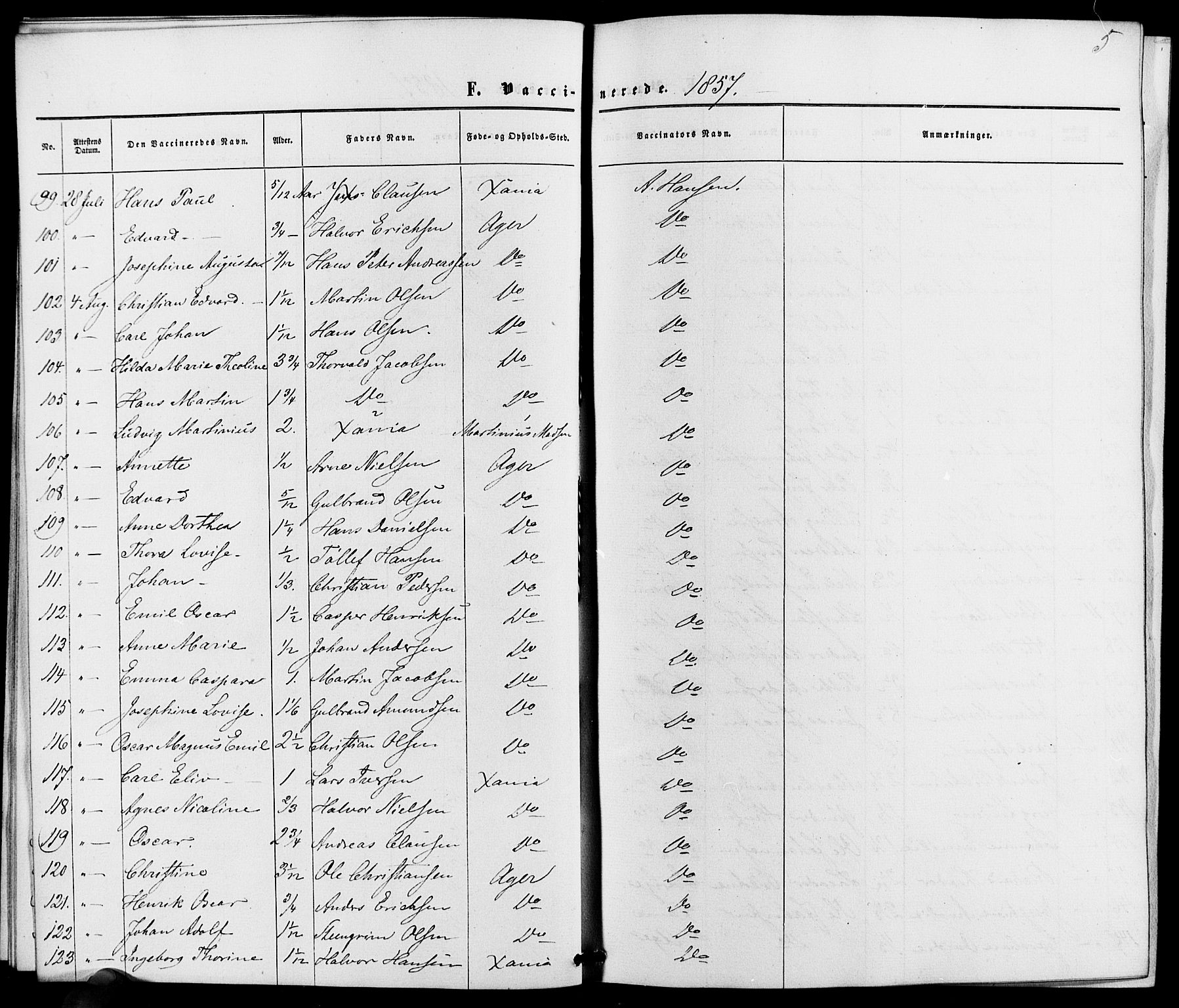 Vestre Aker prestekontor Kirkebøker, AV/SAO-A-10025/K/Ka/L0001: Vaccination register no. 1, 1857-1867, p. 5