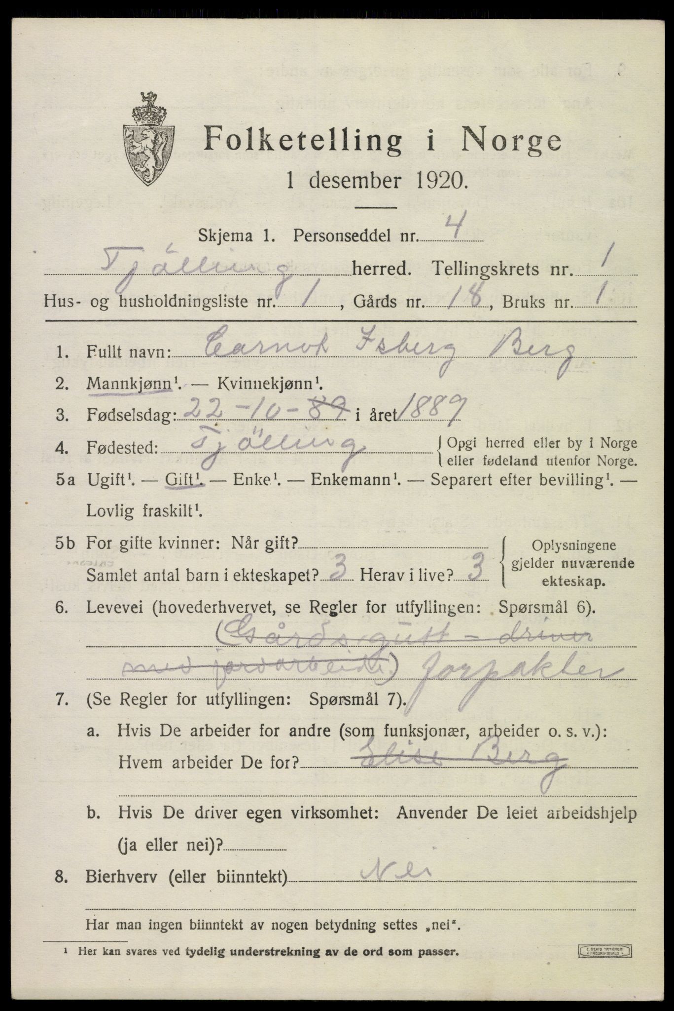 SAKO, 1920 census for Tjølling, 1920, p. 1549