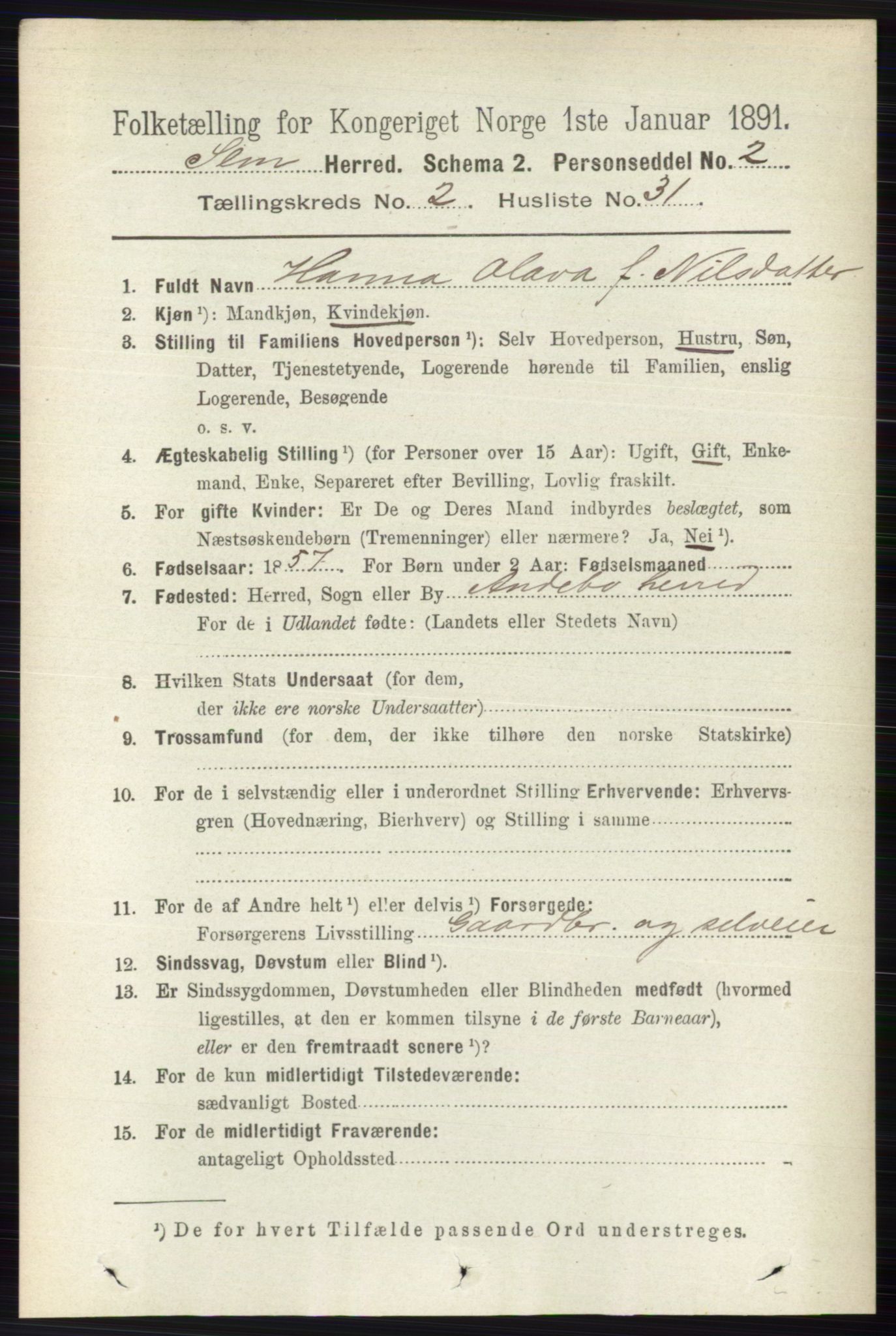 RA, 1891 census for 0721 Sem, 1891, p. 847