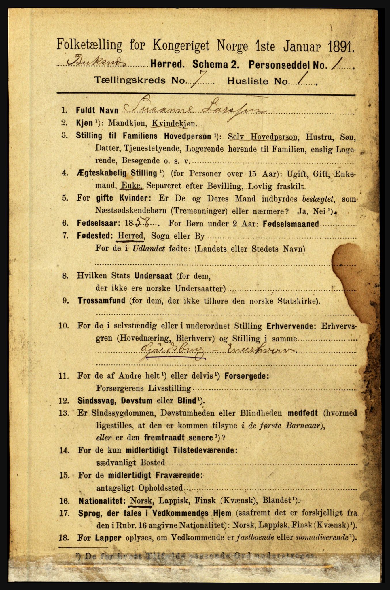 RA, 1891 census for 1860 Buksnes, 1891, p. 4990