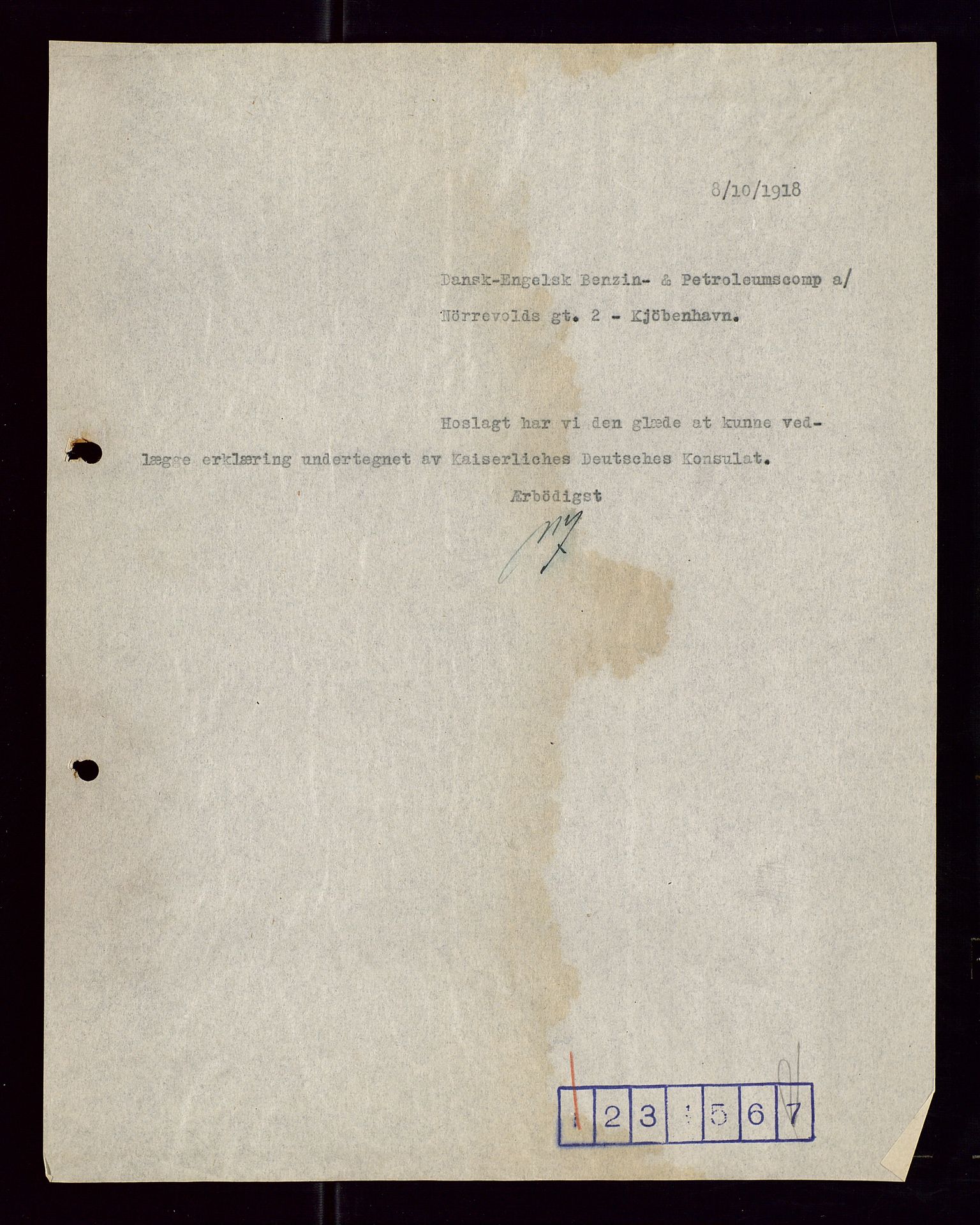 Pa 1521 - A/S Norske Shell, AV/SAST-A-101915/E/Ea/Eaa/L0005: Sjefskorrespondanse, 1918, p. 108