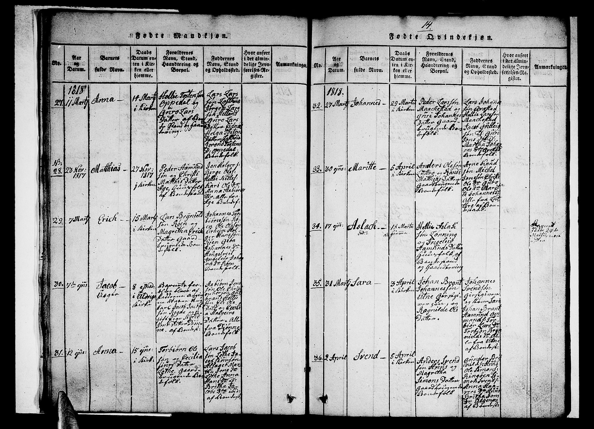 Ullensvang sokneprestembete, AV/SAB-A-78701/H/Hab: Parish register (copy) no. A 3, 1817-1825, p. 14