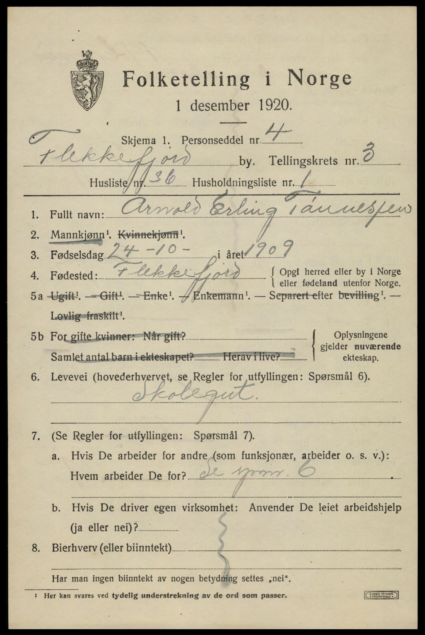 SAK, 1920 census for Flekkefjord, 1920, p. 3826