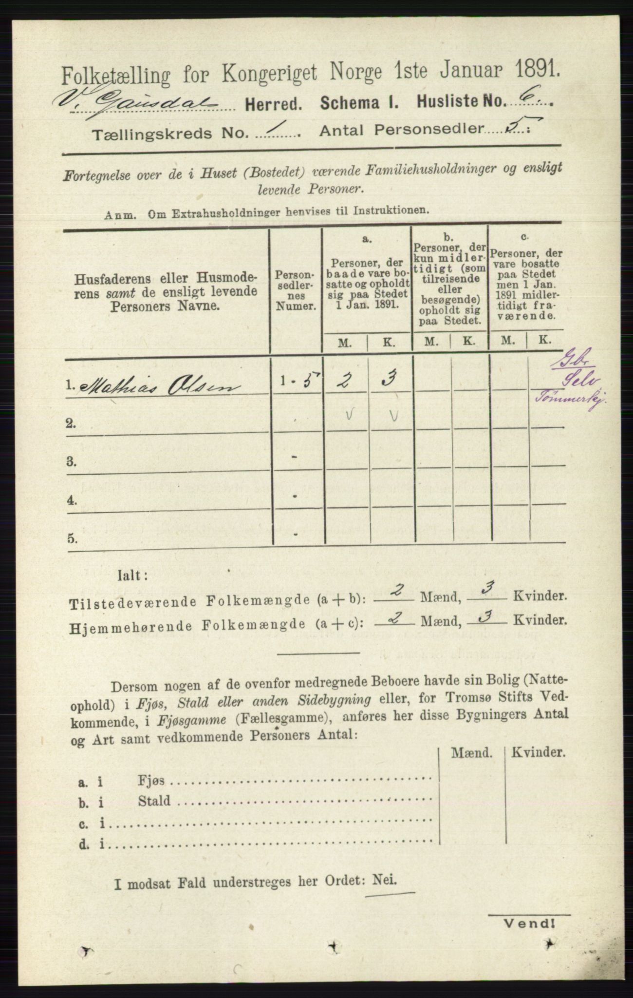 RA, 1891 census for 0523 Vestre Gausdal, 1891, p. 29