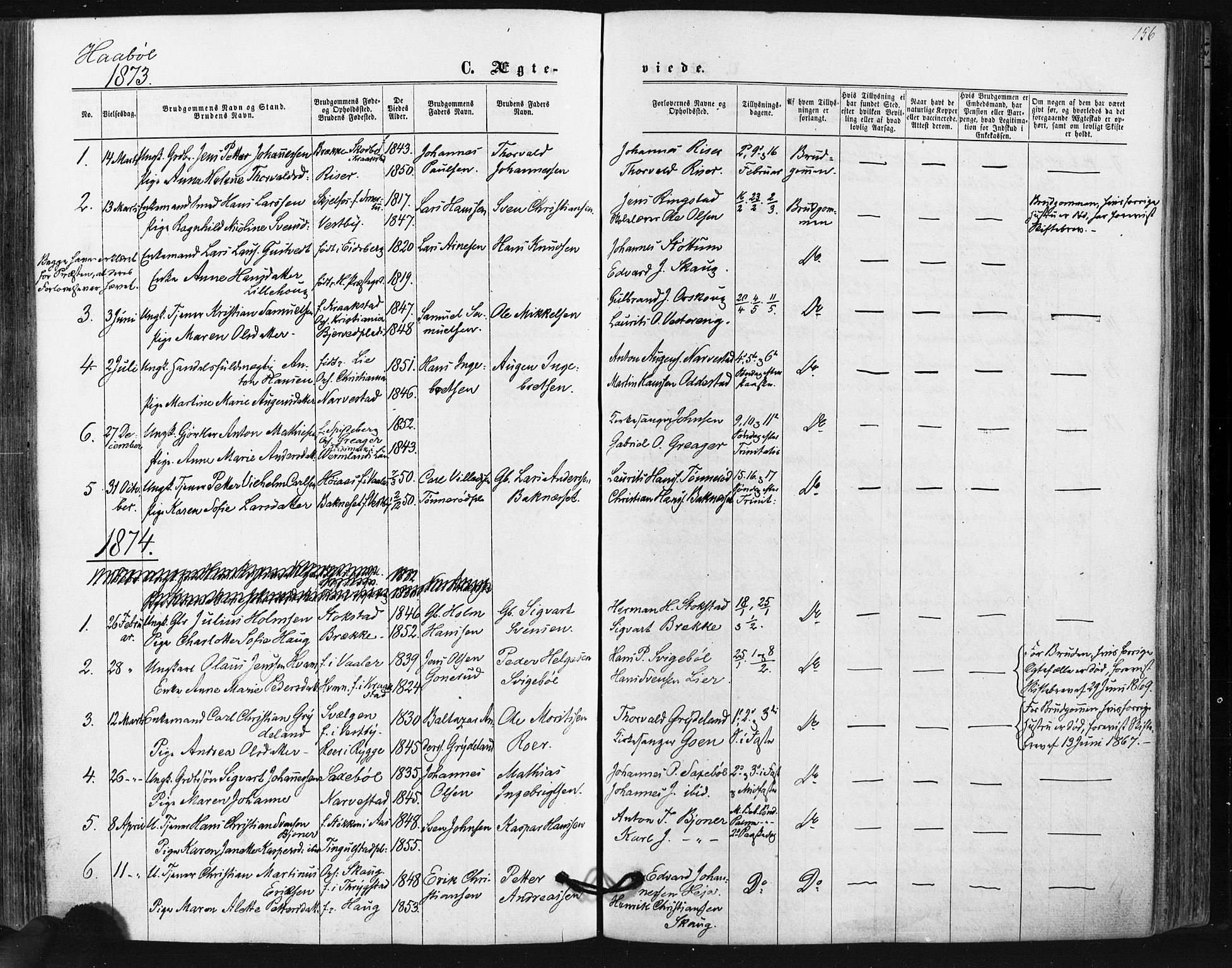 Hobøl prestekontor Kirkebøker, SAO/A-2002/F/Fa/L0004: Parish register (official) no. I 4, 1865-1877, p. 156