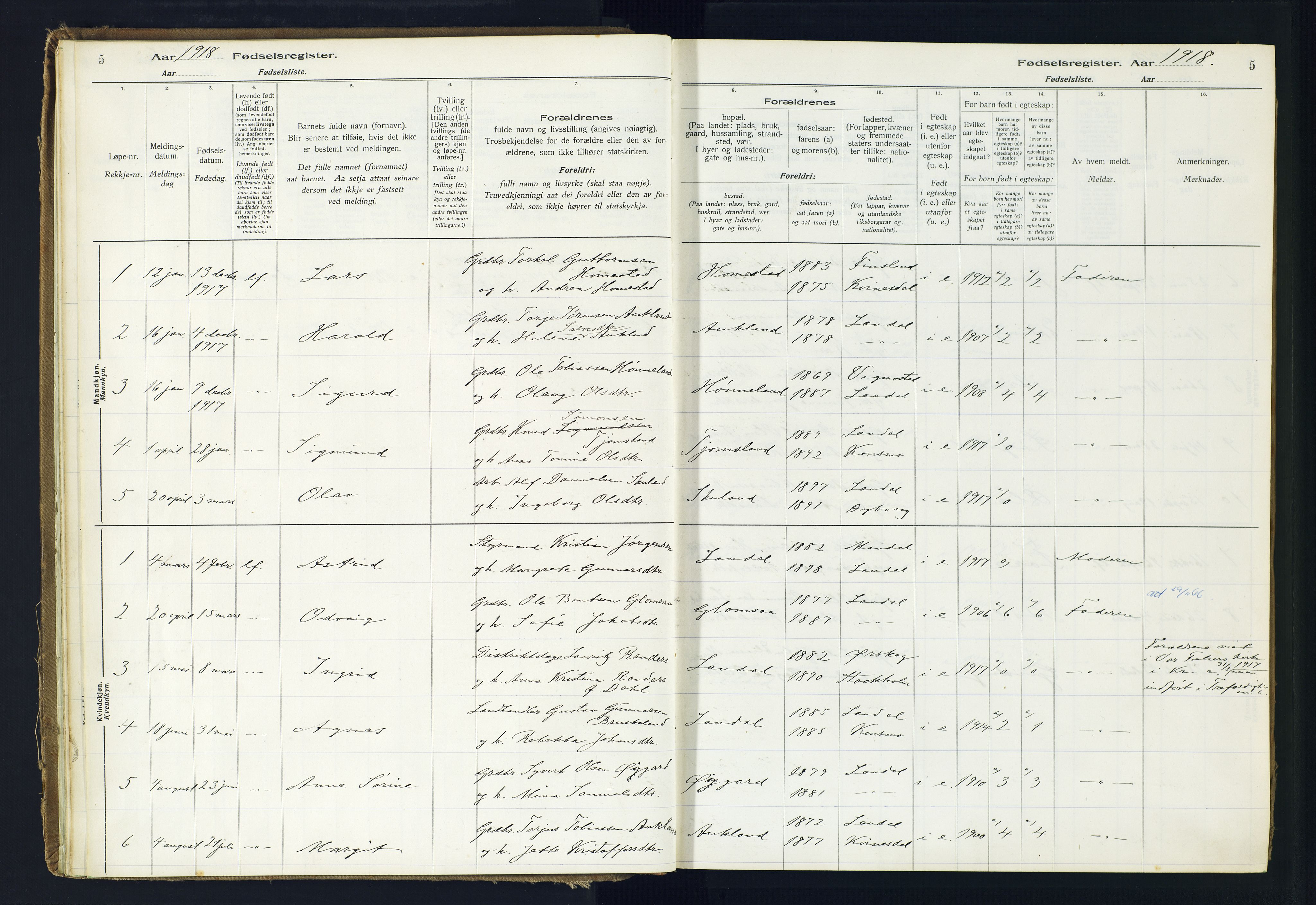 Holum sokneprestkontor, AV/SAK-1111-0022/J/Ja/L0001: Birth register no. II.6.10, 1916-1982, p. 5