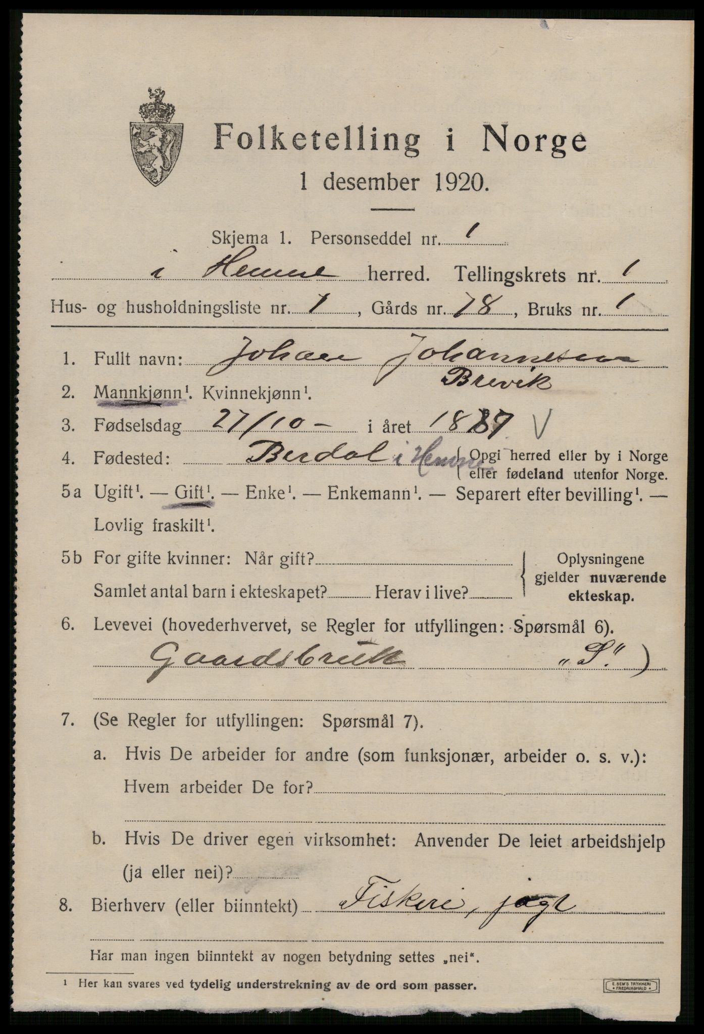 SAT, 1920 census for Hemne, 1920, p. 1236