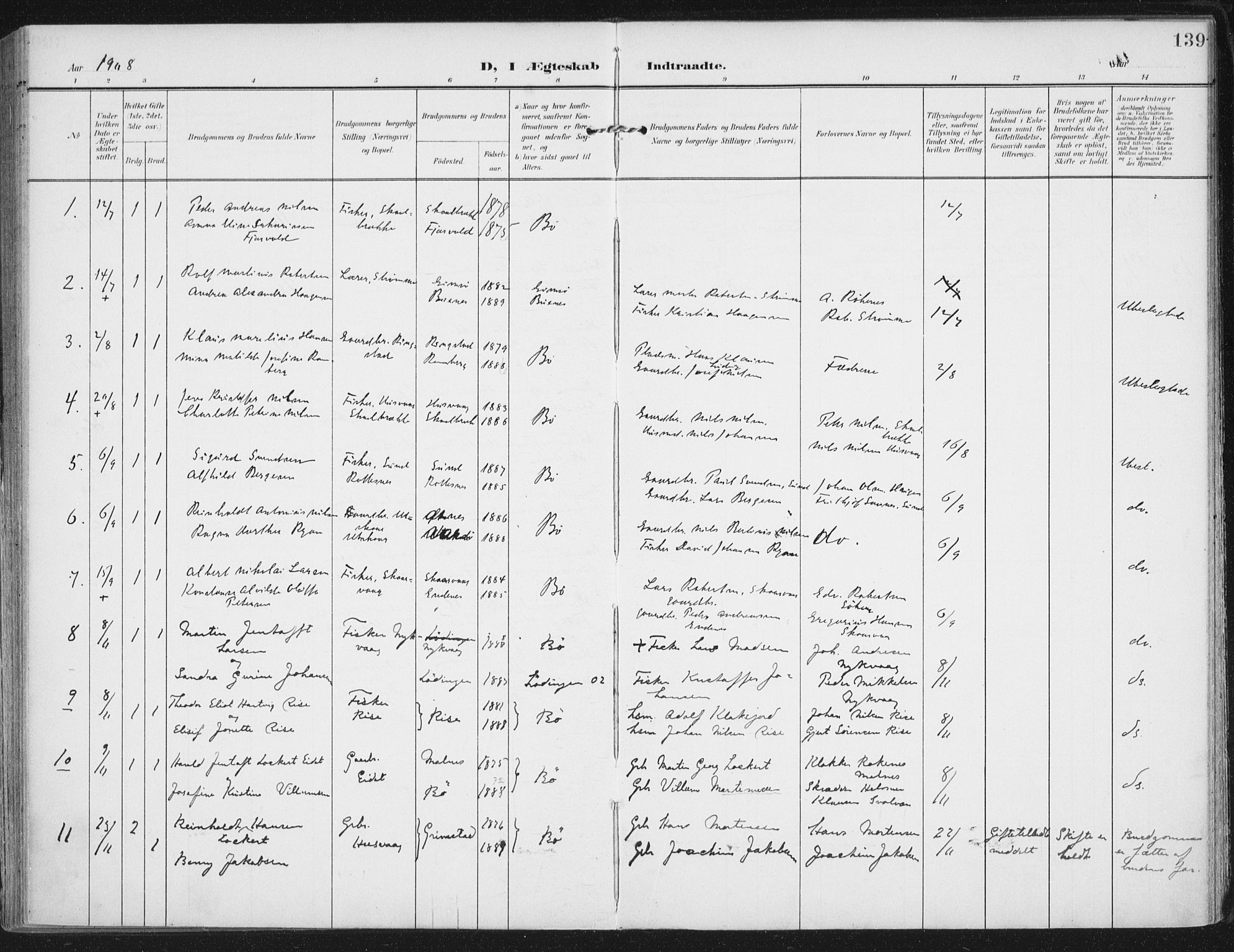 Ministerialprotokoller, klokkerbøker og fødselsregistre - Nordland, AV/SAT-A-1459/892/L1321: Parish register (official) no. 892A02, 1902-1918, p. 139