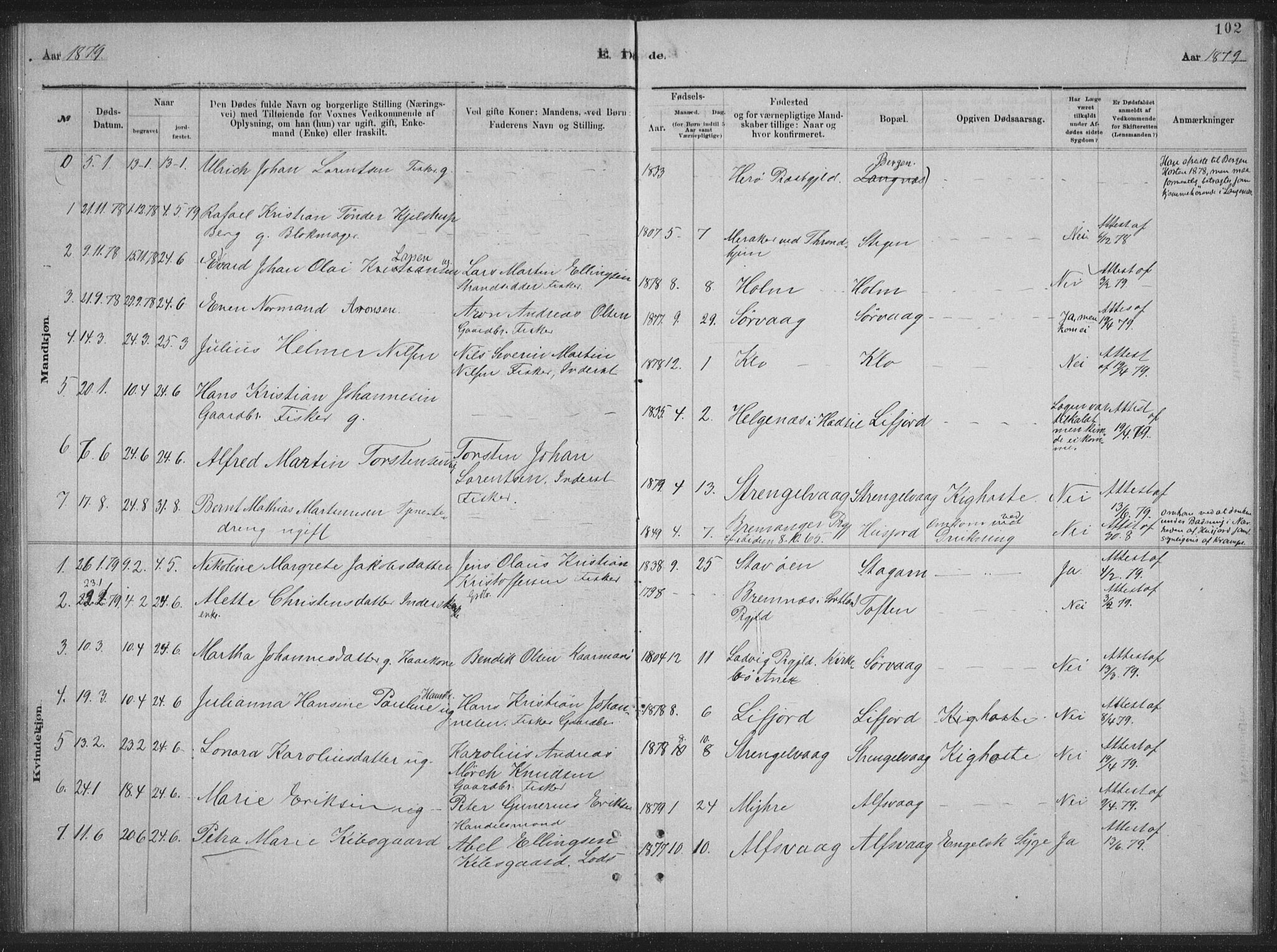 Ministerialprotokoller, klokkerbøker og fødselsregistre - Nordland, AV/SAT-A-1459/894/L1359: Parish register (copy) no. 894C02, 1877-1884, p. 102