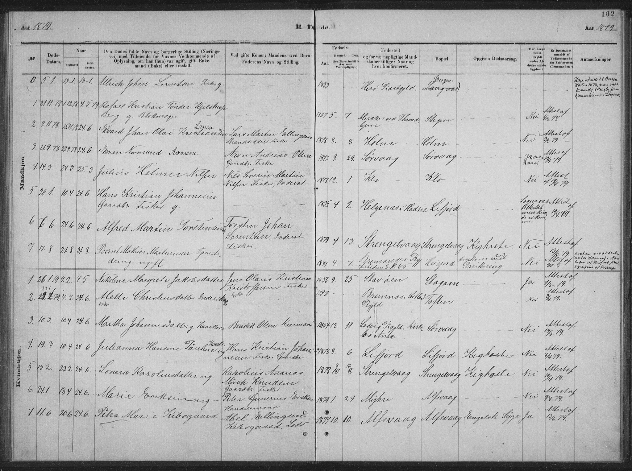 Ministerialprotokoller, klokkerbøker og fødselsregistre - Nordland, SAT/A-1459/894/L1359: Parish register (copy) no. 894C02, 1877-1884, p. 102