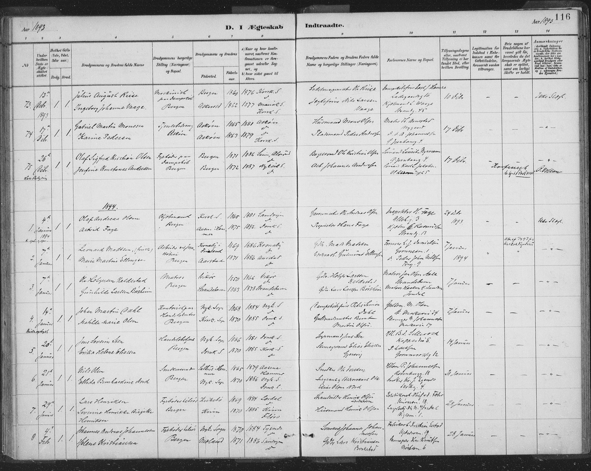 Domkirken sokneprestembete, SAB/A-74801/H/Hab/L0032: Parish register (copy) no. D 4, 1880-1907, p. 116