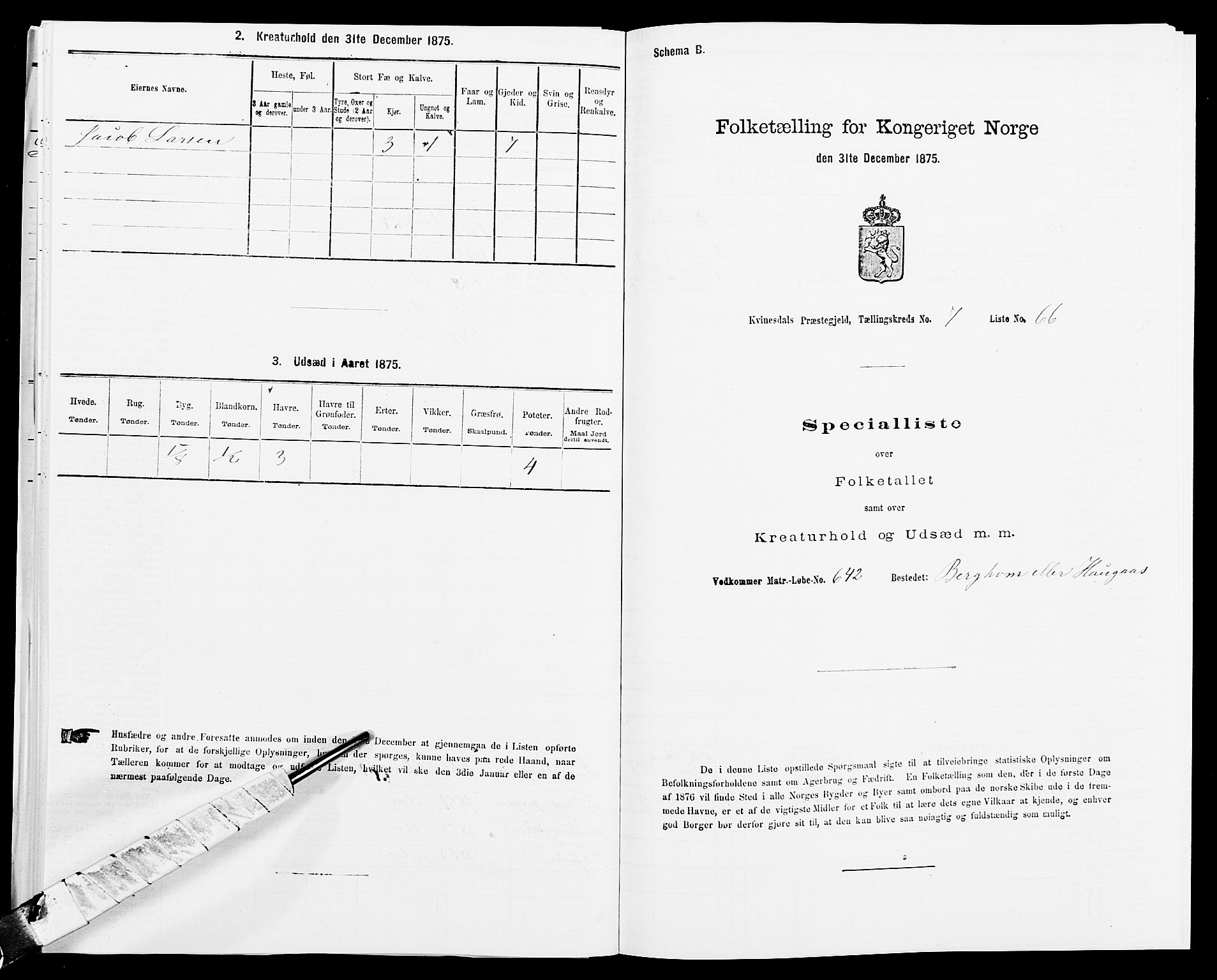 SAK, 1875 census for 1037P Kvinesdal, 1875, p. 1220