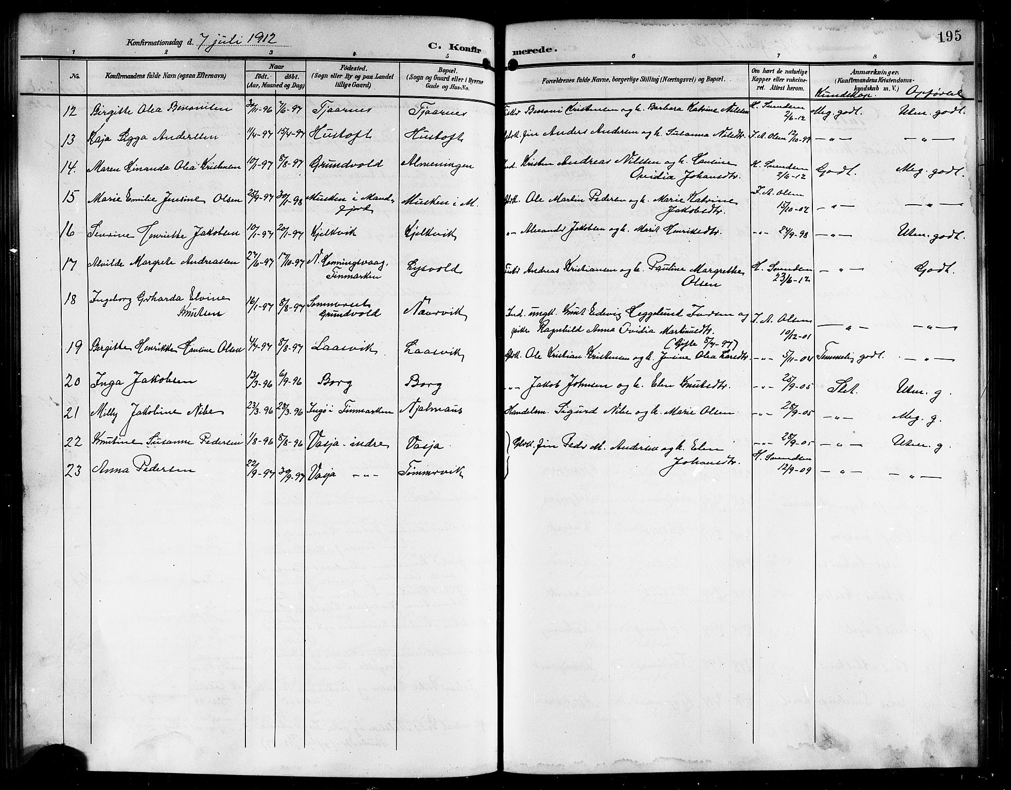 Ministerialprotokoller, klokkerbøker og fødselsregistre - Nordland, AV/SAT-A-1459/861/L0877: Parish register (copy) no. 861C03, 1903-1919, p. 195