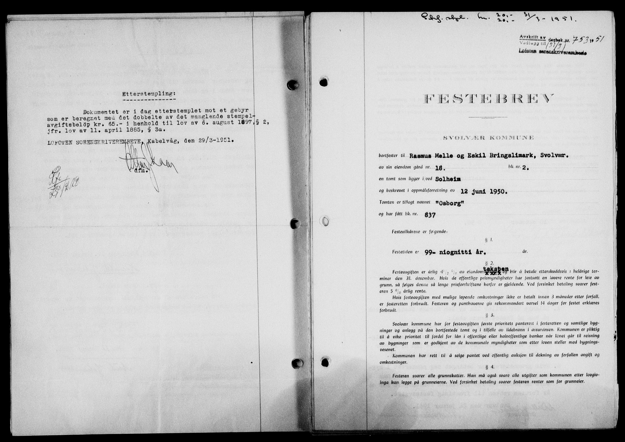 Lofoten sorenskriveri, SAT/A-0017/1/2/2C/L0025a: Mortgage book no. 25a, 1950-1951, Diary no: : 753/1951