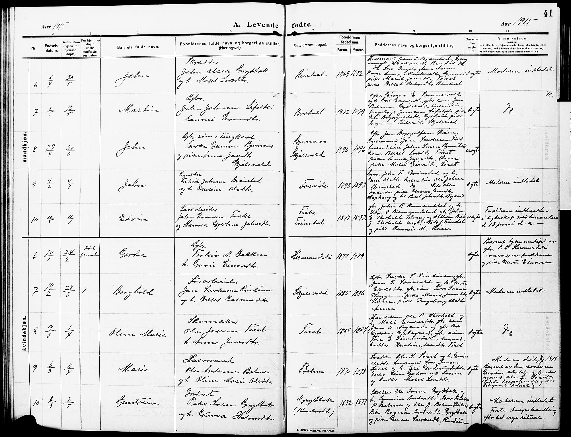 Ministerialprotokoller, klokkerbøker og fødselsregistre - Møre og Romsdal, AV/SAT-A-1454/598/L1079: Parish register (copy) no. 598C04, 1909-1927, p. 41