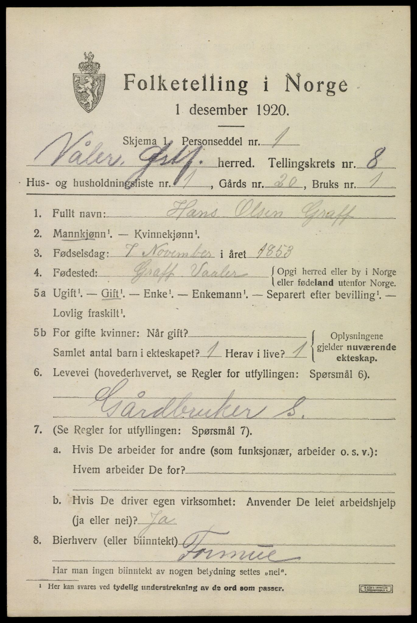 SAO, 1920 census for Våler, 1920, p. 4276