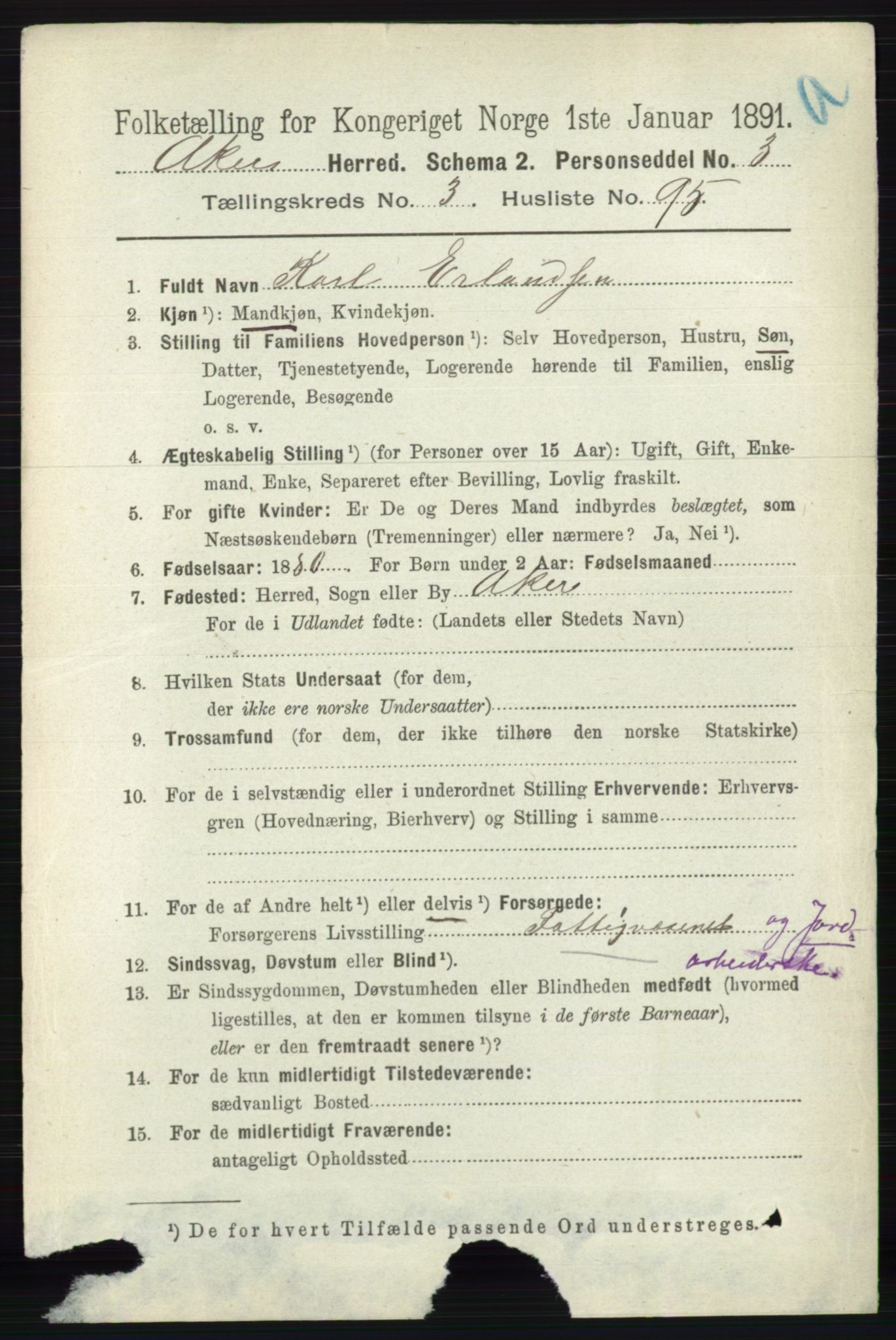 RA, 1891 census for 0218 Aker, 1891, p. 3854