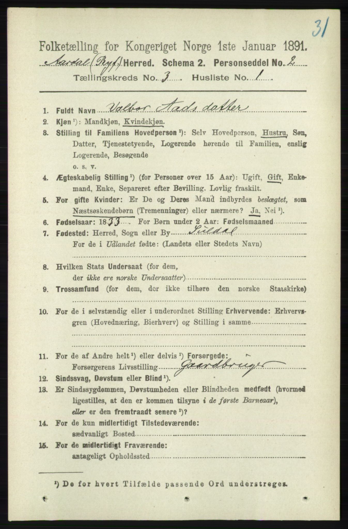 RA, 1891 census for 1131 Årdal, 1891, p. 825