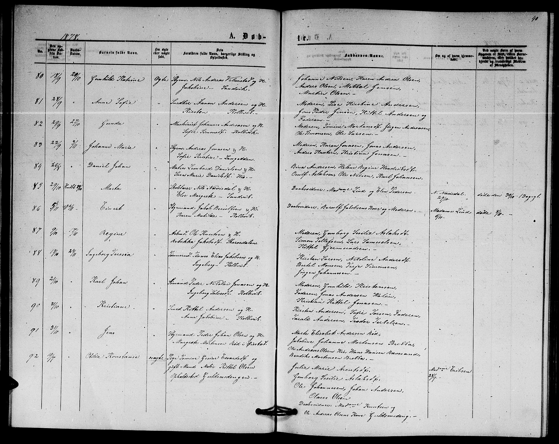Hisøy sokneprestkontor, SAK/1111-0020/F/Fb/L0002: Parish register (copy) no. B 2, 1873-1885, p. 40