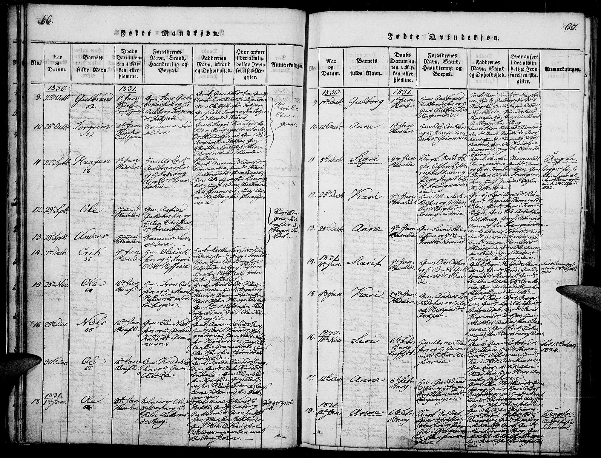 Sør-Aurdal prestekontor, SAH/PREST-128/H/Ha/Haa/L0003: Parish register (official) no. 3, 1825-1840, p. 66-67