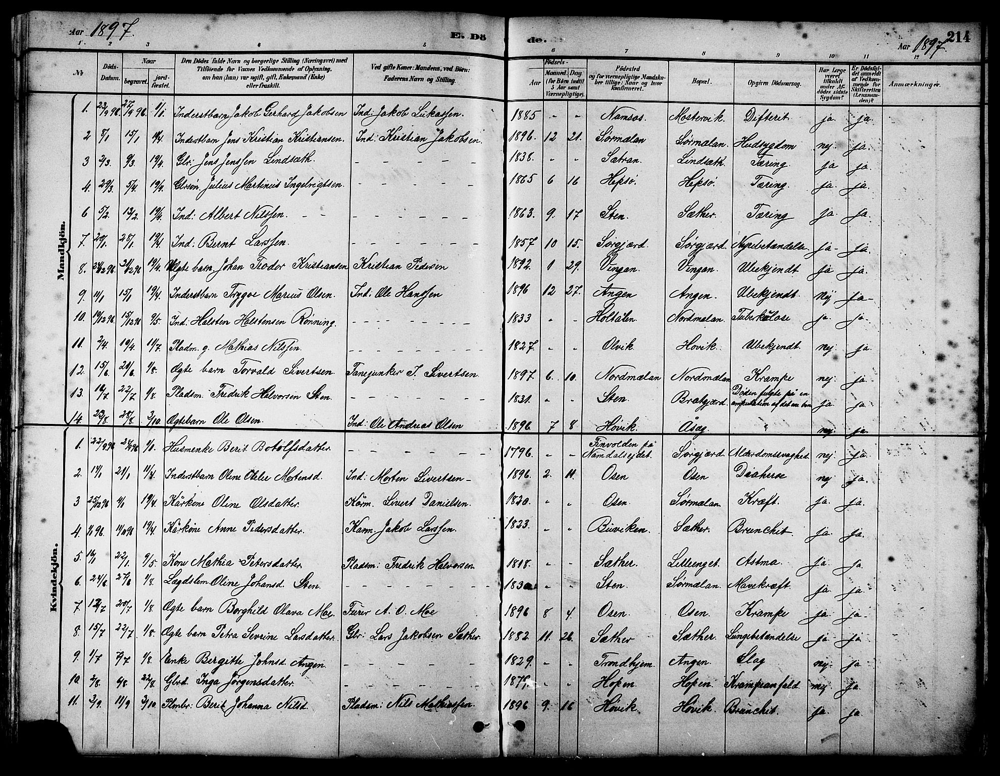 Ministerialprotokoller, klokkerbøker og fødselsregistre - Sør-Trøndelag, SAT/A-1456/658/L0726: Parish register (copy) no. 658C02, 1883-1908, p. 214