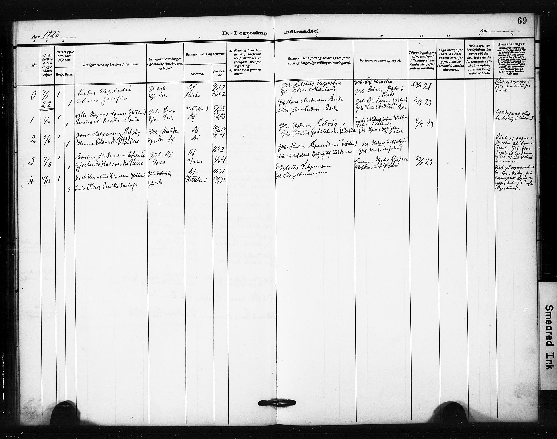 Helleland sokneprestkontor, AV/SAST-A-101810: Parish register (copy) no. B 6, 1909-1923, p. 69