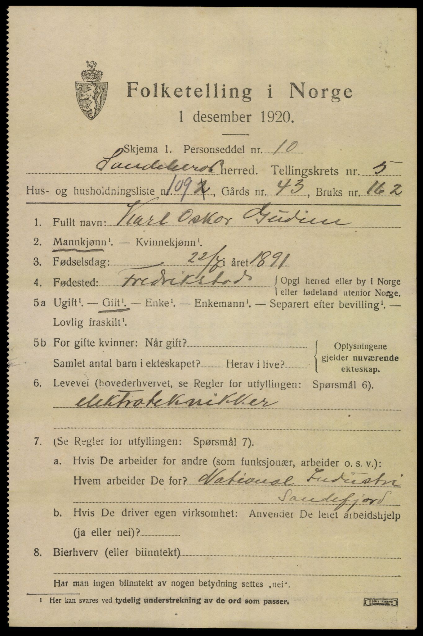 SAKO, 1920 census for Sandeherred, 1920, p. 9538