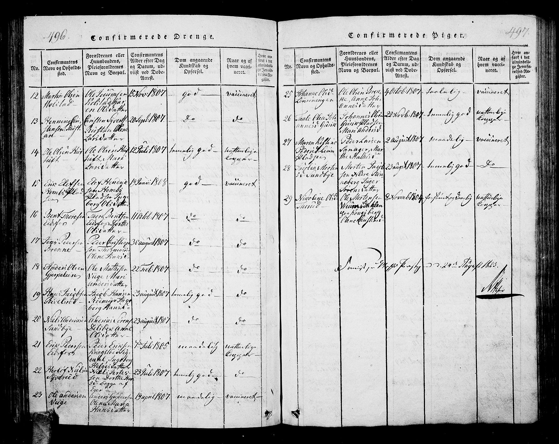 Hof kirkebøker, SAKO/A-64/G/Ga/L0001: Parish register (copy) no. I 1, 1814-1844, p. 496-497
