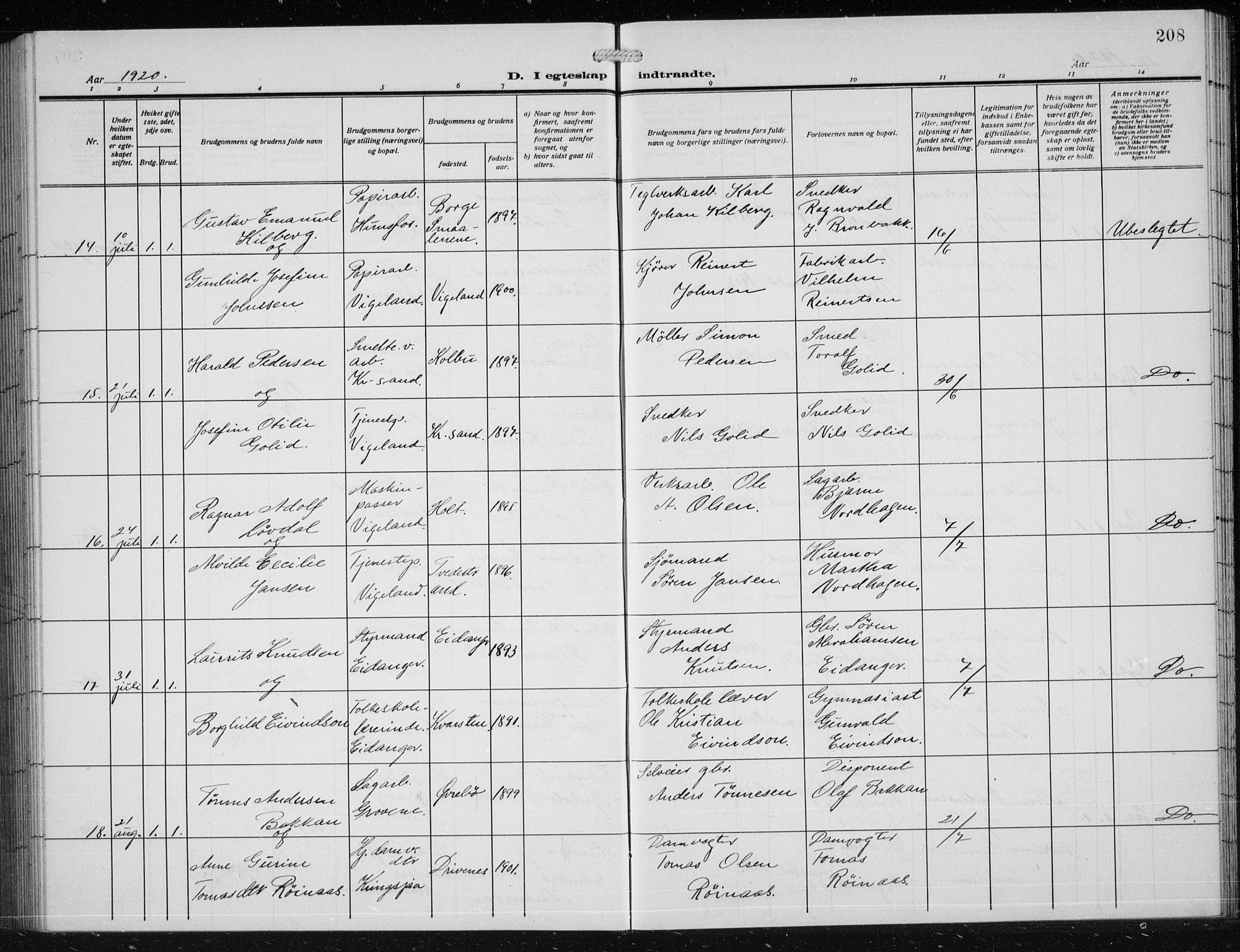 Vennesla sokneprestkontor, AV/SAK-1111-0045/Fb/Fbb/L0006: Parish register (copy) no. B 6, 1914-1921, p. 208