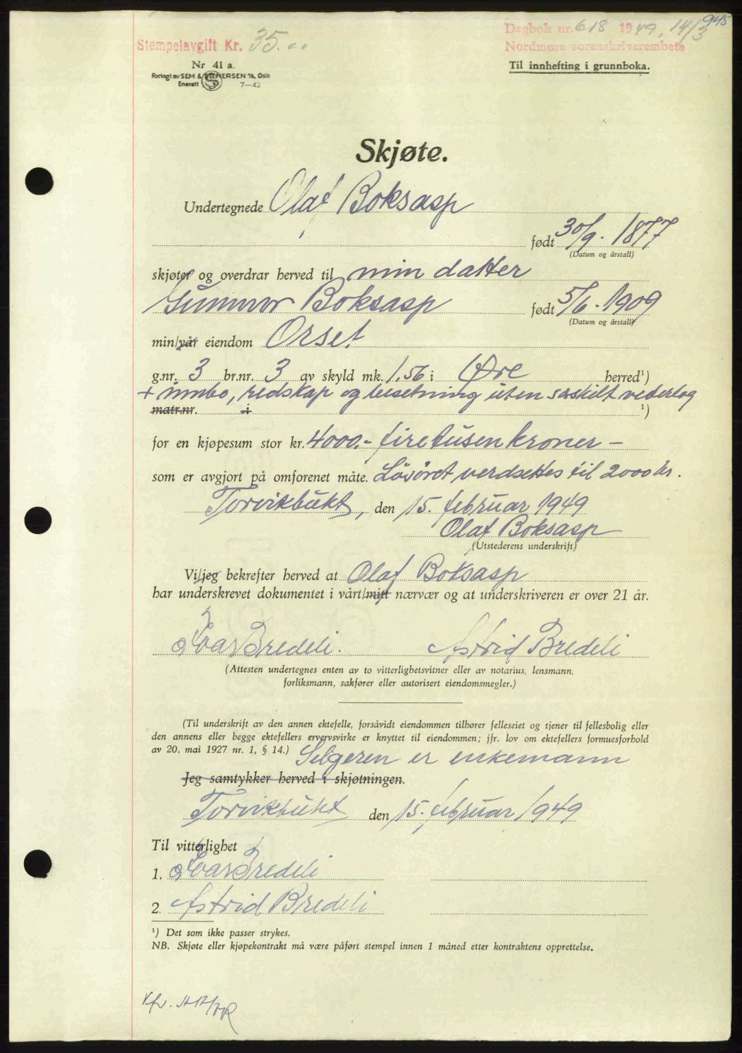 Nordmøre sorenskriveri, AV/SAT-A-4132/1/2/2Ca: Mortgage book no. A110, 1948-1949, Diary no: : 618/1949