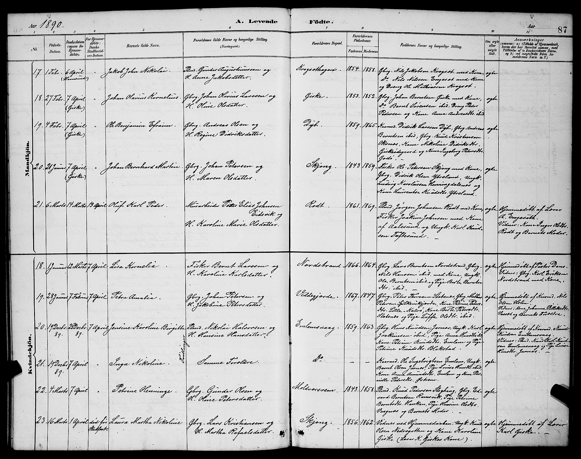 Ministerialprotokoller, klokkerbøker og fødselsregistre - Møre og Romsdal, AV/SAT-A-1454/528/L0431: Parish register (copy) no. 528C12, 1885-1898, p. 87