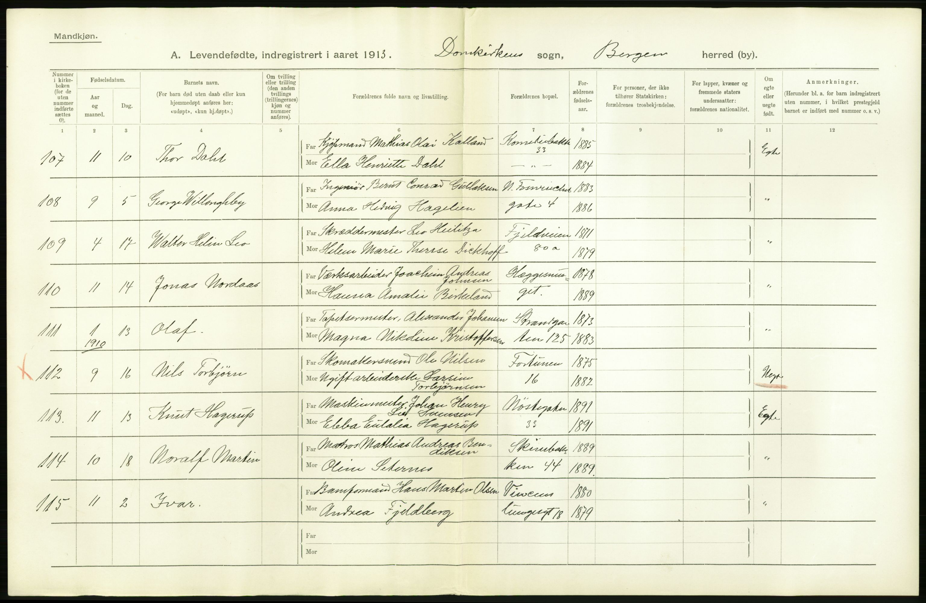 Statistisk sentralbyrå, Sosiodemografiske emner, Befolkning, AV/RA-S-2228/D/Df/Dfb/Dfbc/L0030: Bergen: Levendefødte menn og kvinner., 1913, p. 2