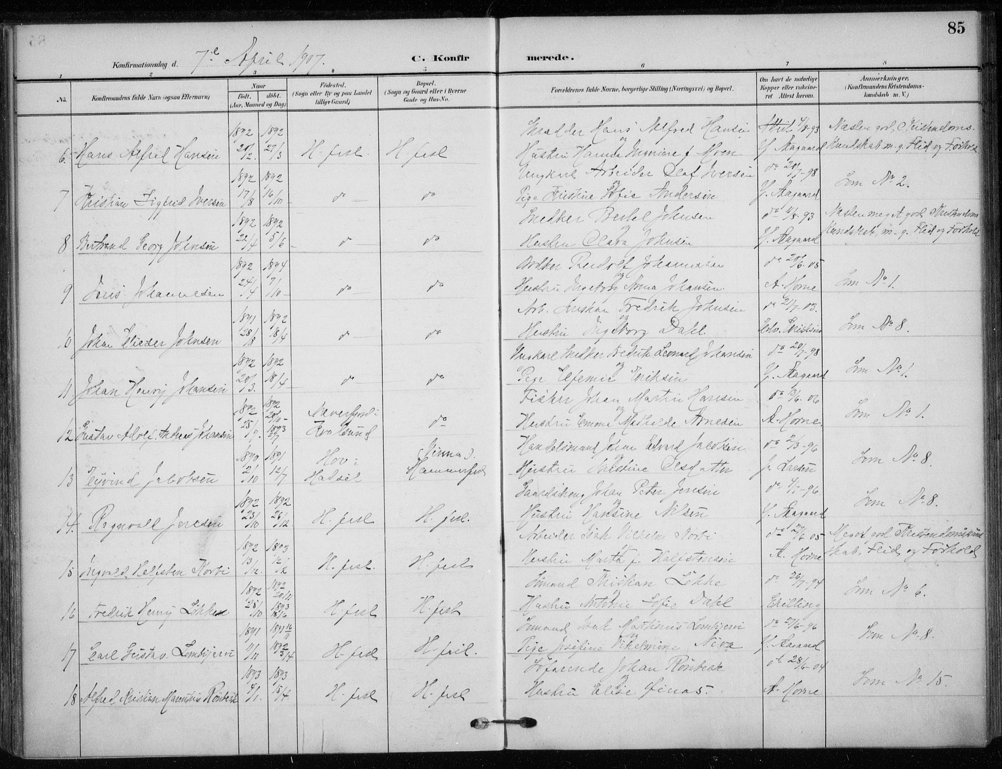 Hammerfest sokneprestkontor, SATØ/S-1347/H/Ha/L0014.kirke: Parish register (official) no. 14, 1906-1916, p. 85