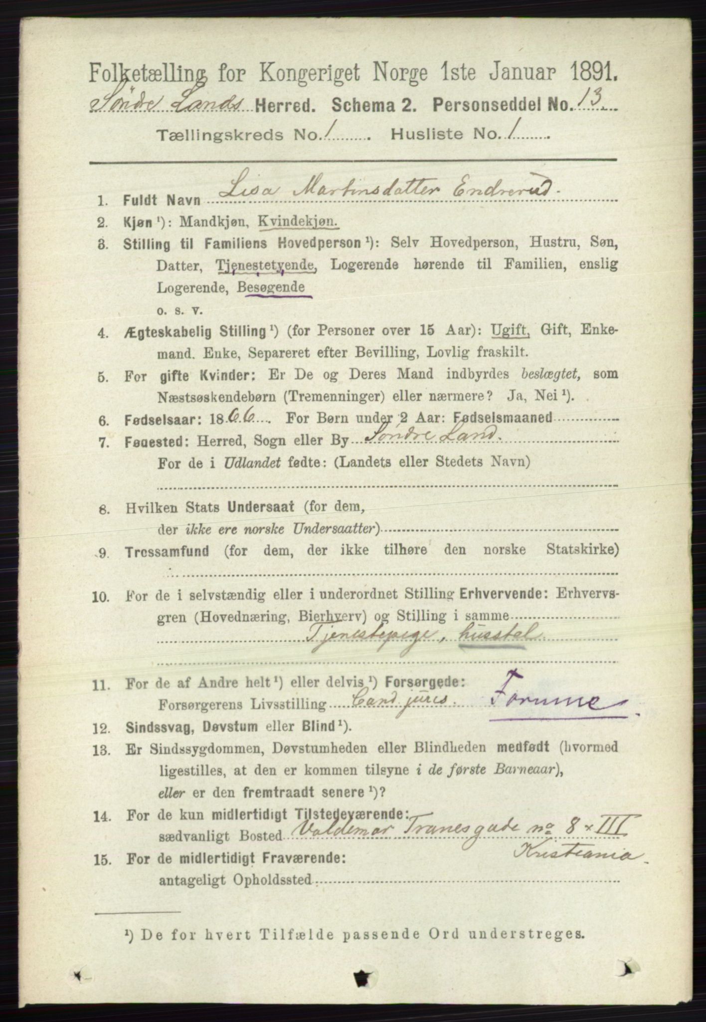 RA, 1891 census for 0536 Søndre Land, 1891, p. 144