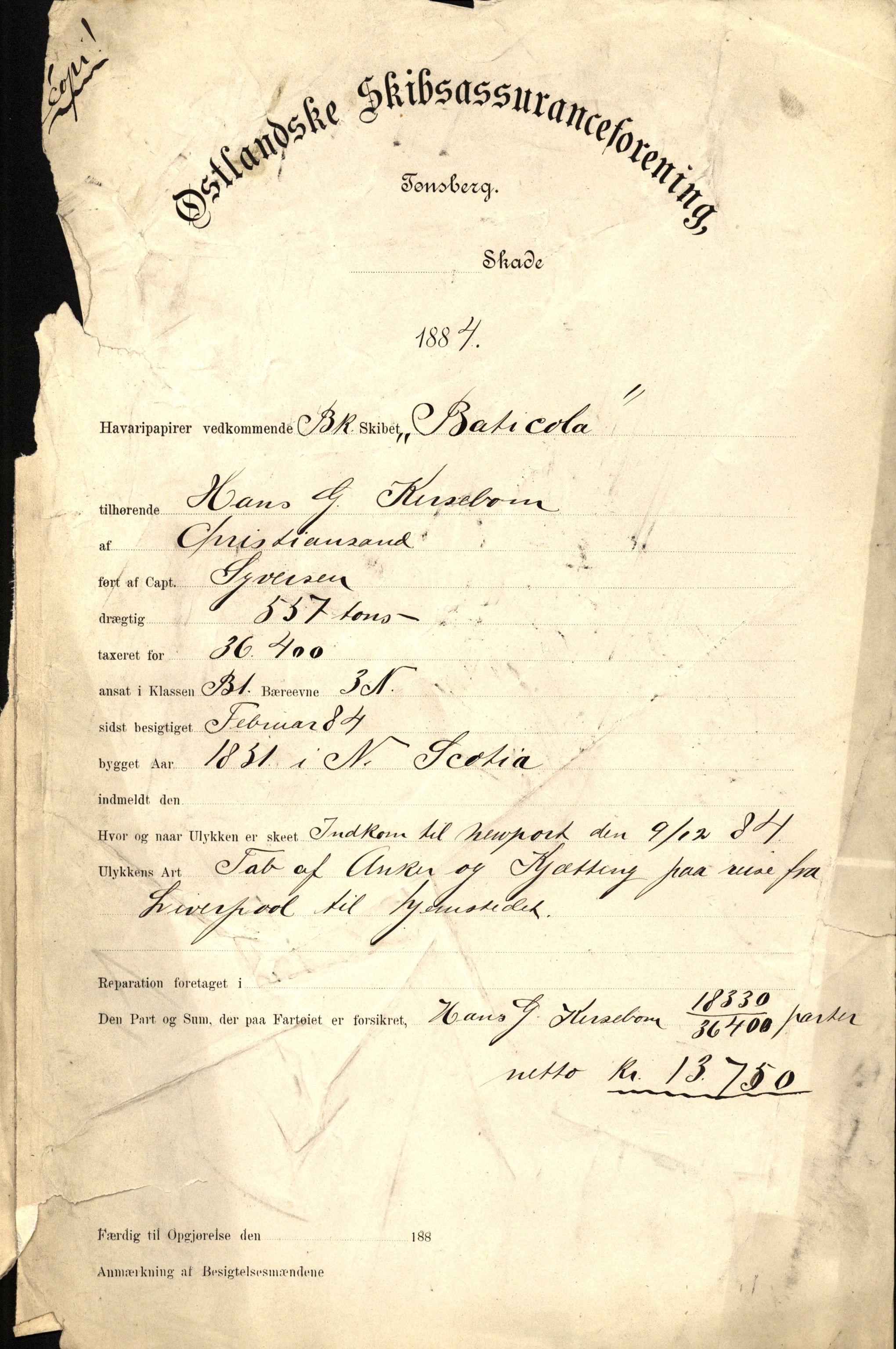 Pa 63 - Østlandske skibsassuranceforening, VEMU/A-1079/G/Ga/L0017/0008: Havaridokumenter / Terpsichore, Industri, Baticola, Bertrand, 1884, p. 5