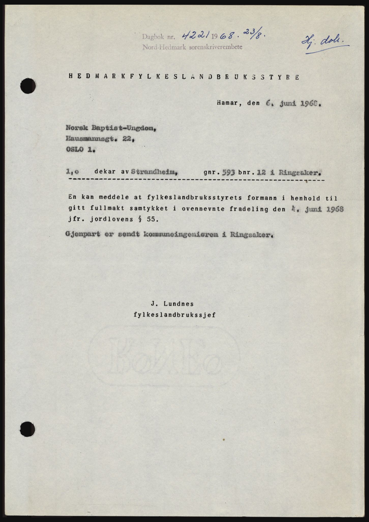 Nord-Hedmark sorenskriveri, SAH/TING-012/H/Hc/L0028: Mortgage book no. 28, 1968-1968, Diary no: : 4221/1968