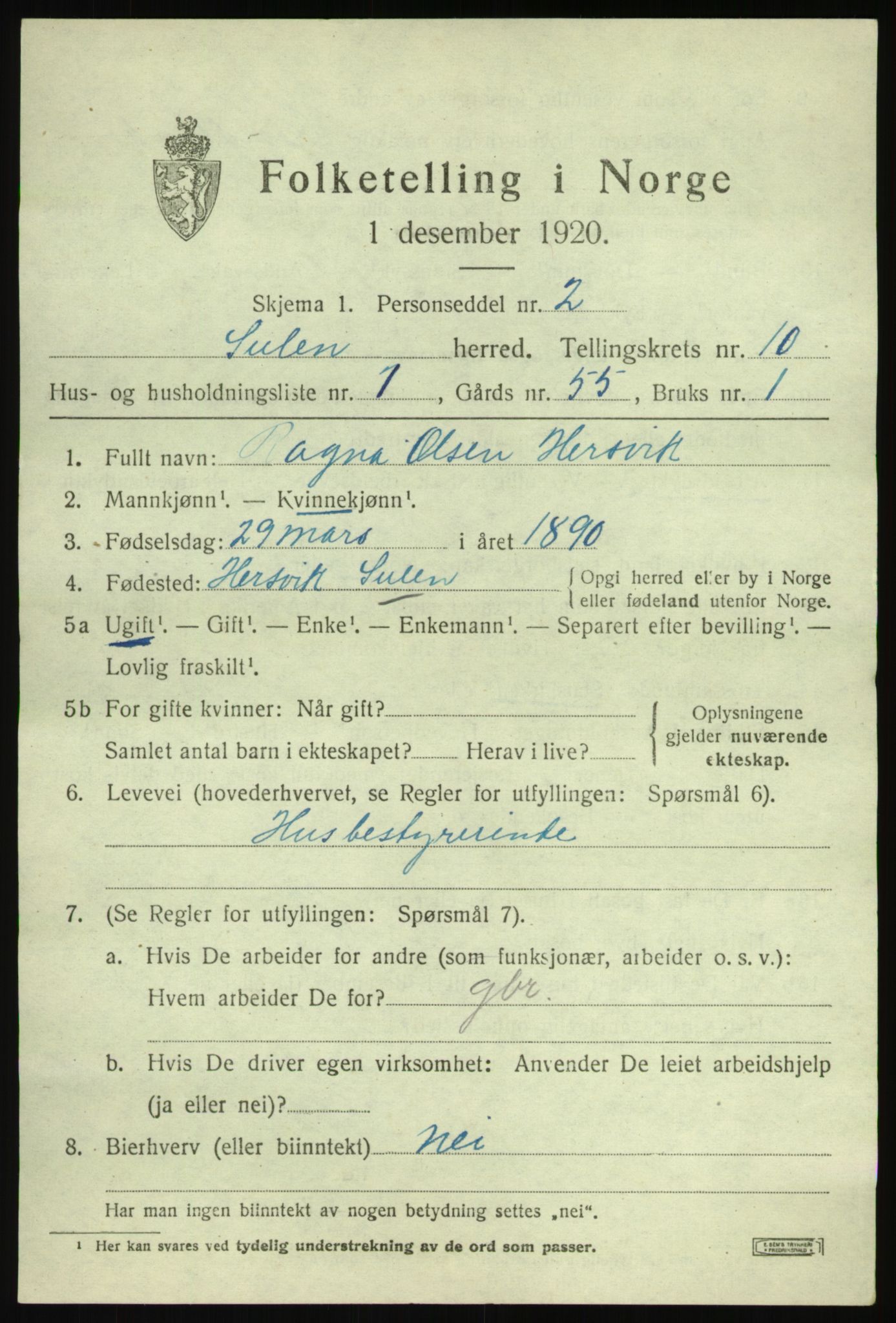 SAB, 1920 census for Solund, 1920, p. 3408