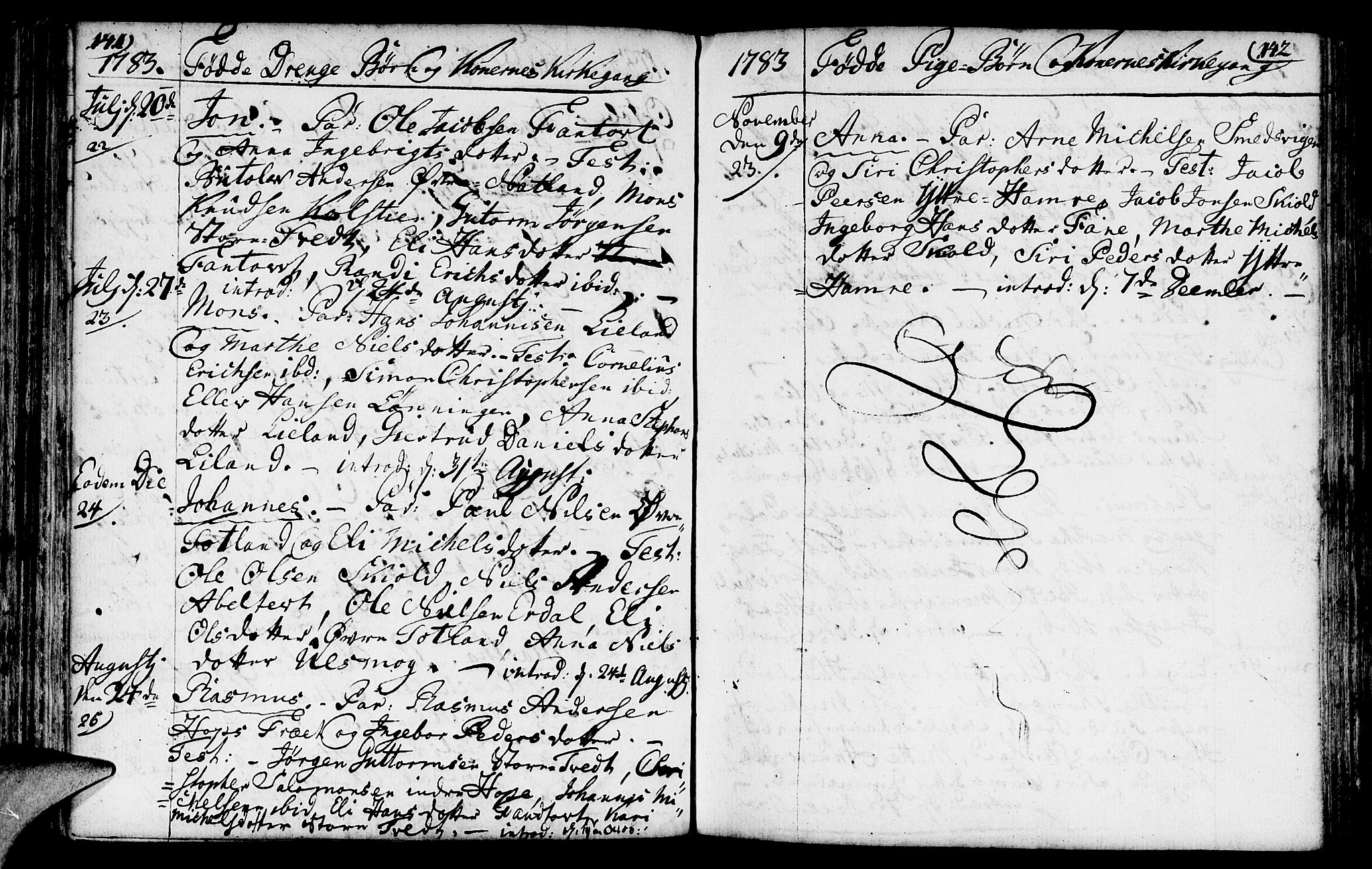 Fana Sokneprestembete, AV/SAB-A-75101/H/Haa/Haaa/L0005: Parish register (official) no. A 5, 1773-1799, p. 141-142