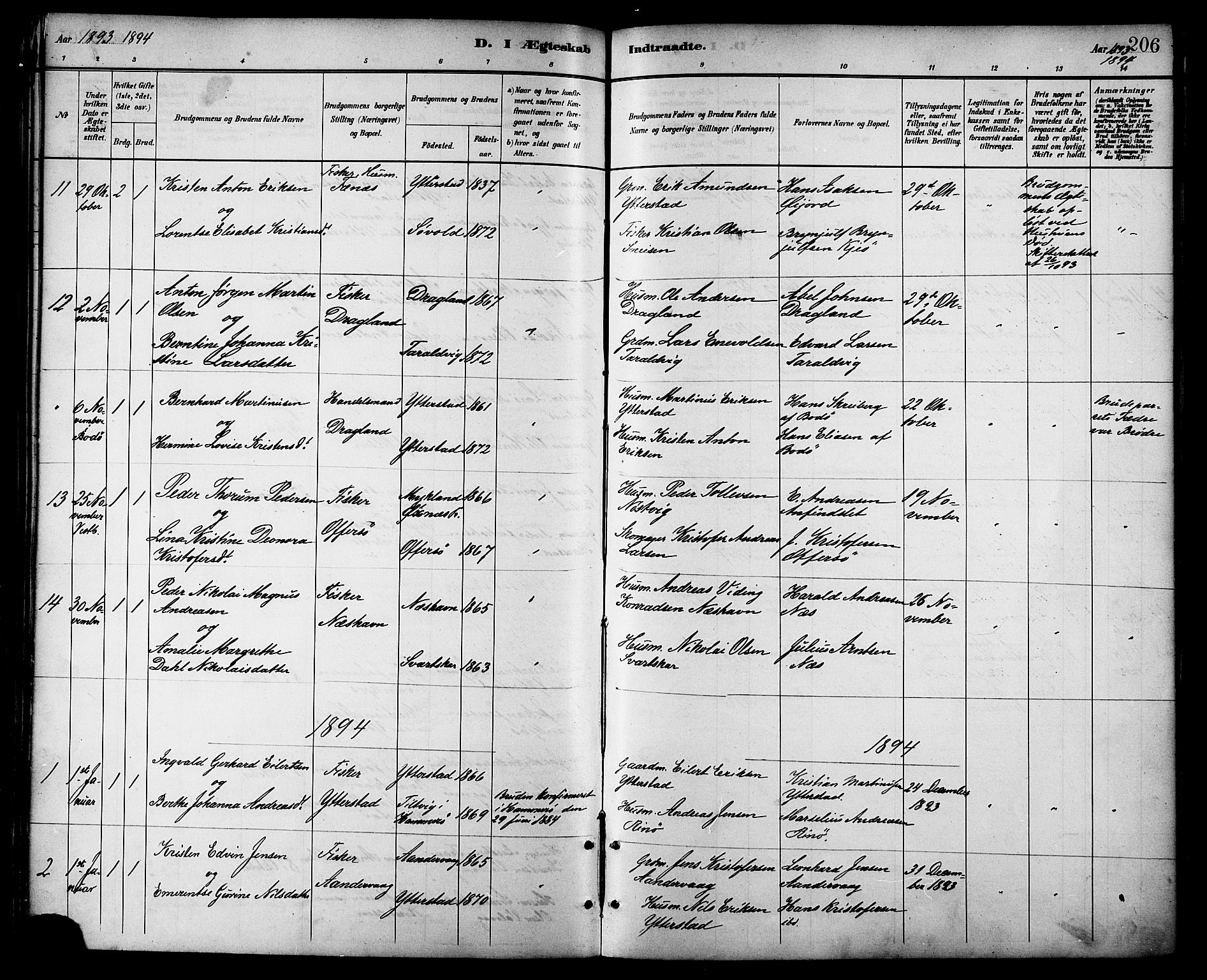 Ministerialprotokoller, klokkerbøker og fødselsregistre - Nordland, AV/SAT-A-1459/872/L1035: Parish register (official) no. 872A10, 1884-1896, p. 206