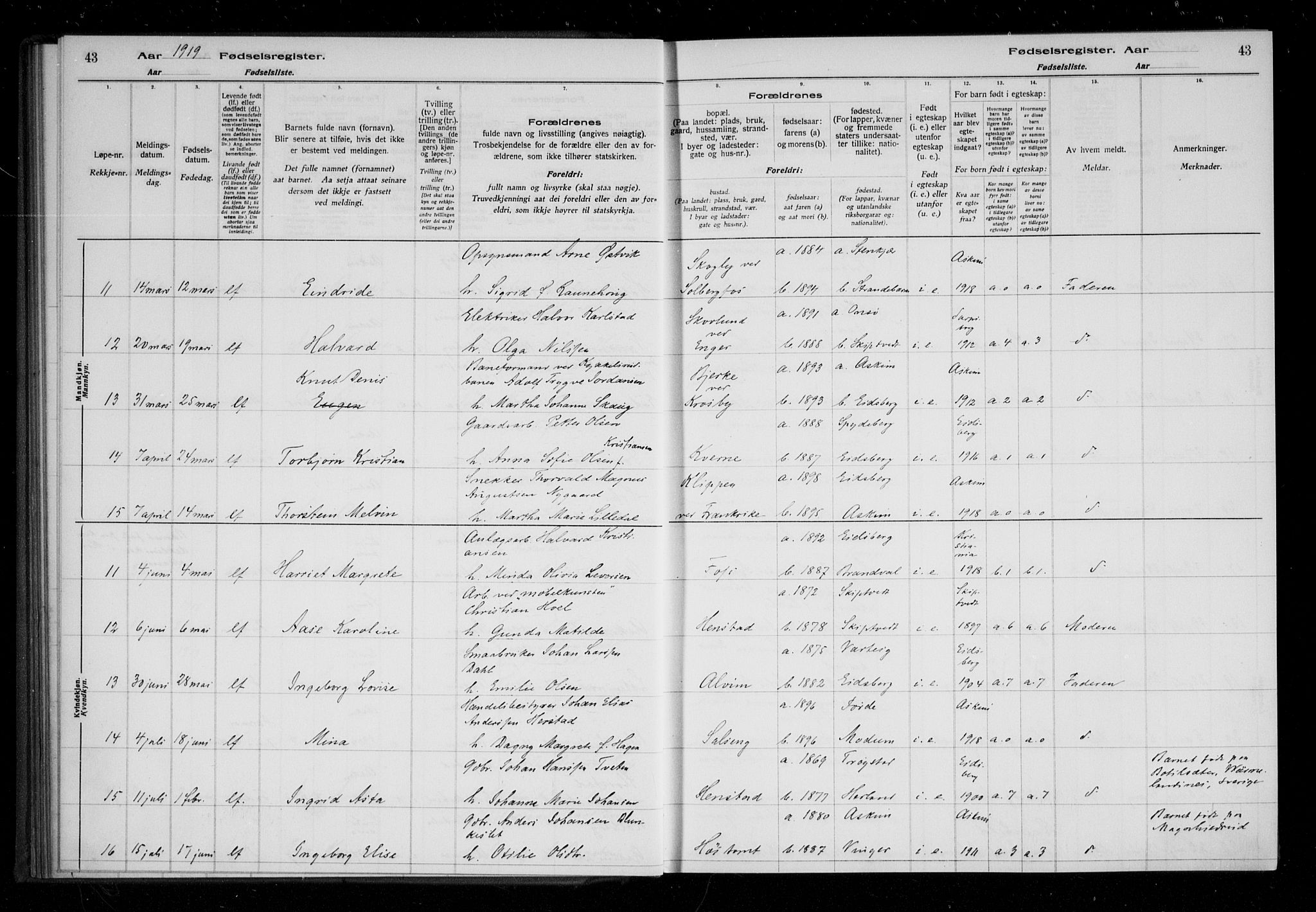 Askim prestekontor Kirkebøker, SAO/A-10900/J/Ja/L0001: Birth register no. 1, 1916-1929, p. 43