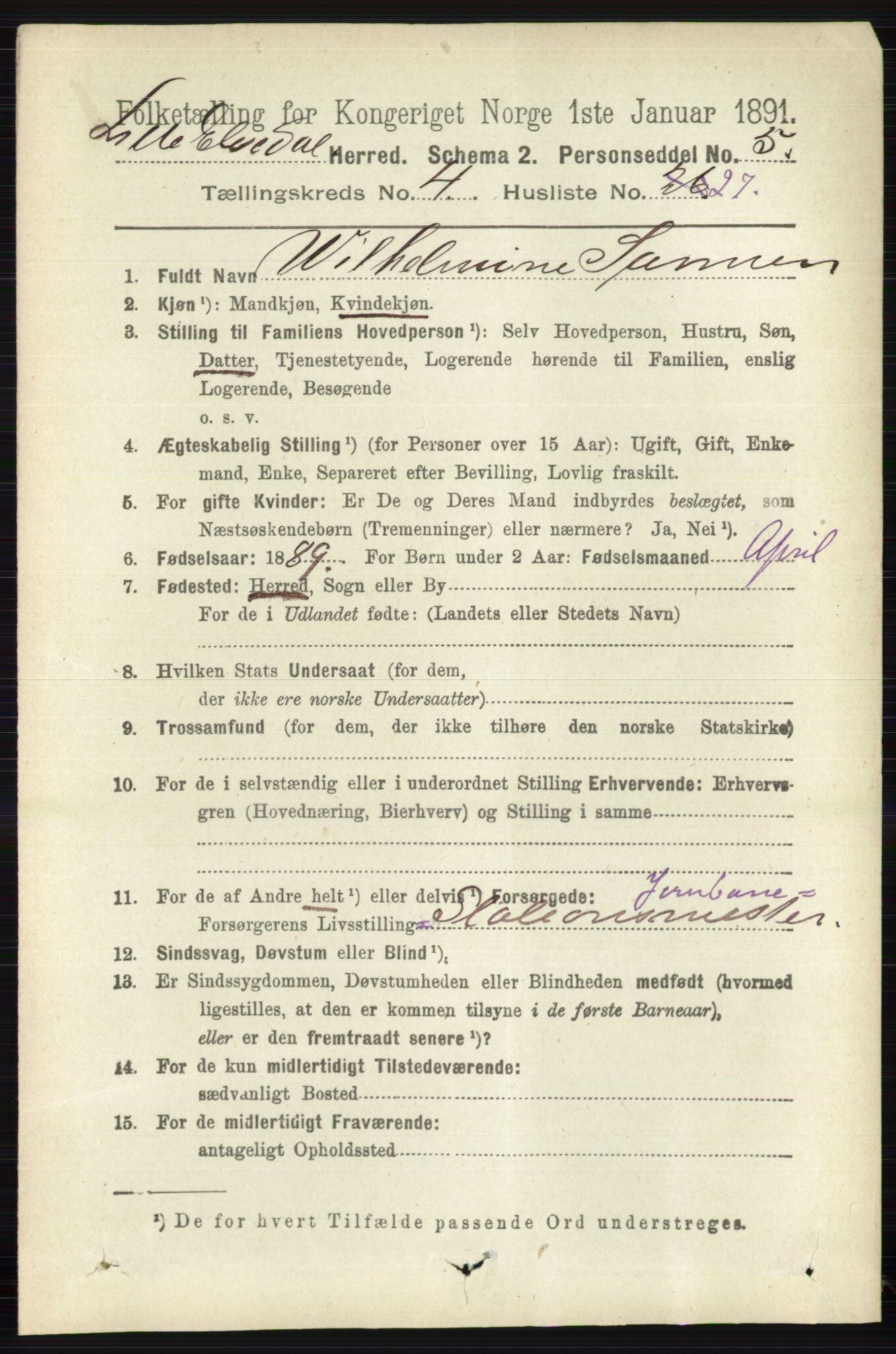 RA, 1891 census for 0438 Lille Elvedalen, 1891, p. 1505