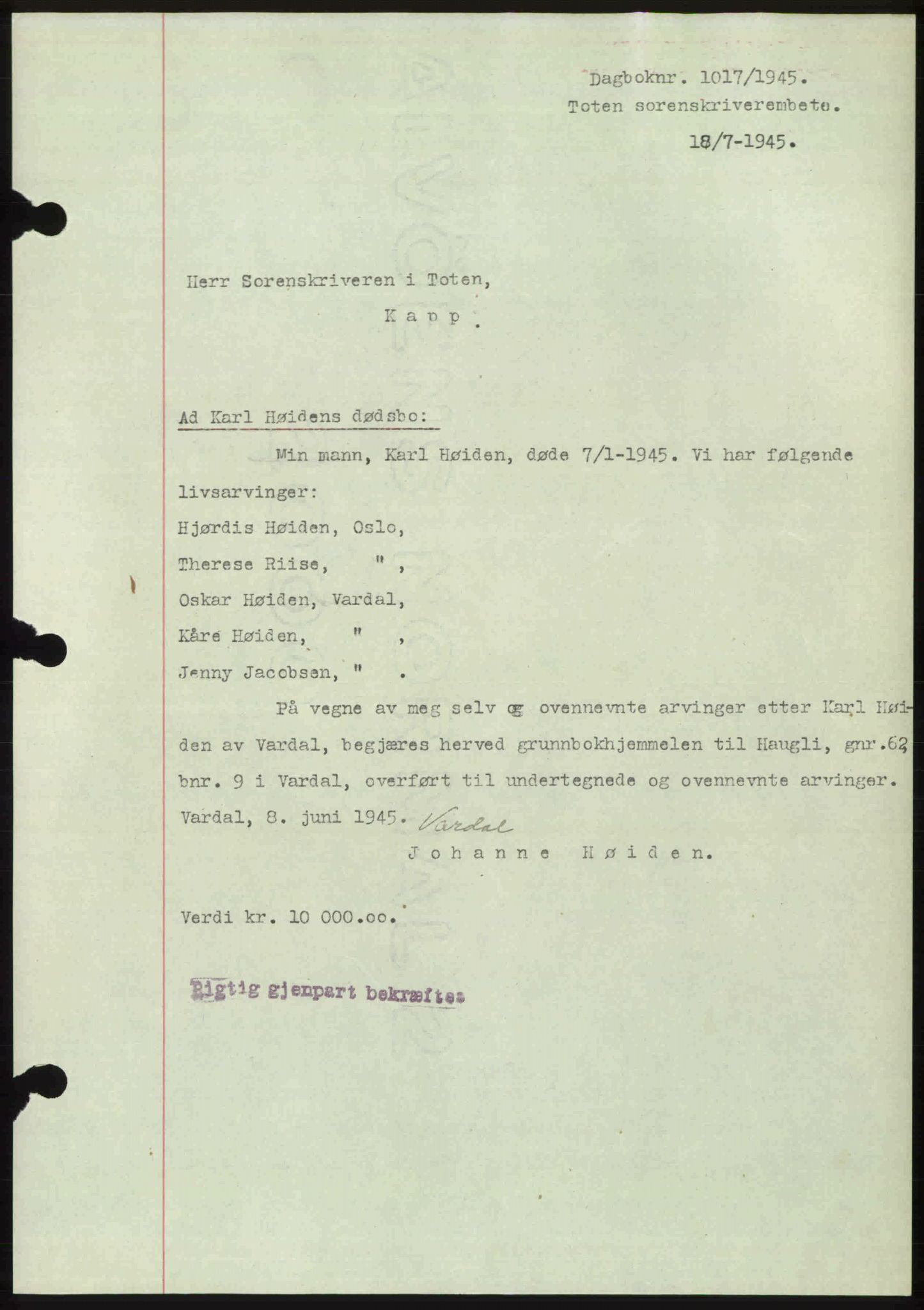 Toten tingrett, SAH/TING-006/H/Hb/Hbc/L0013: Mortgage book no. Hbc-13, 1945-1945, Diary no: : 1017/1945