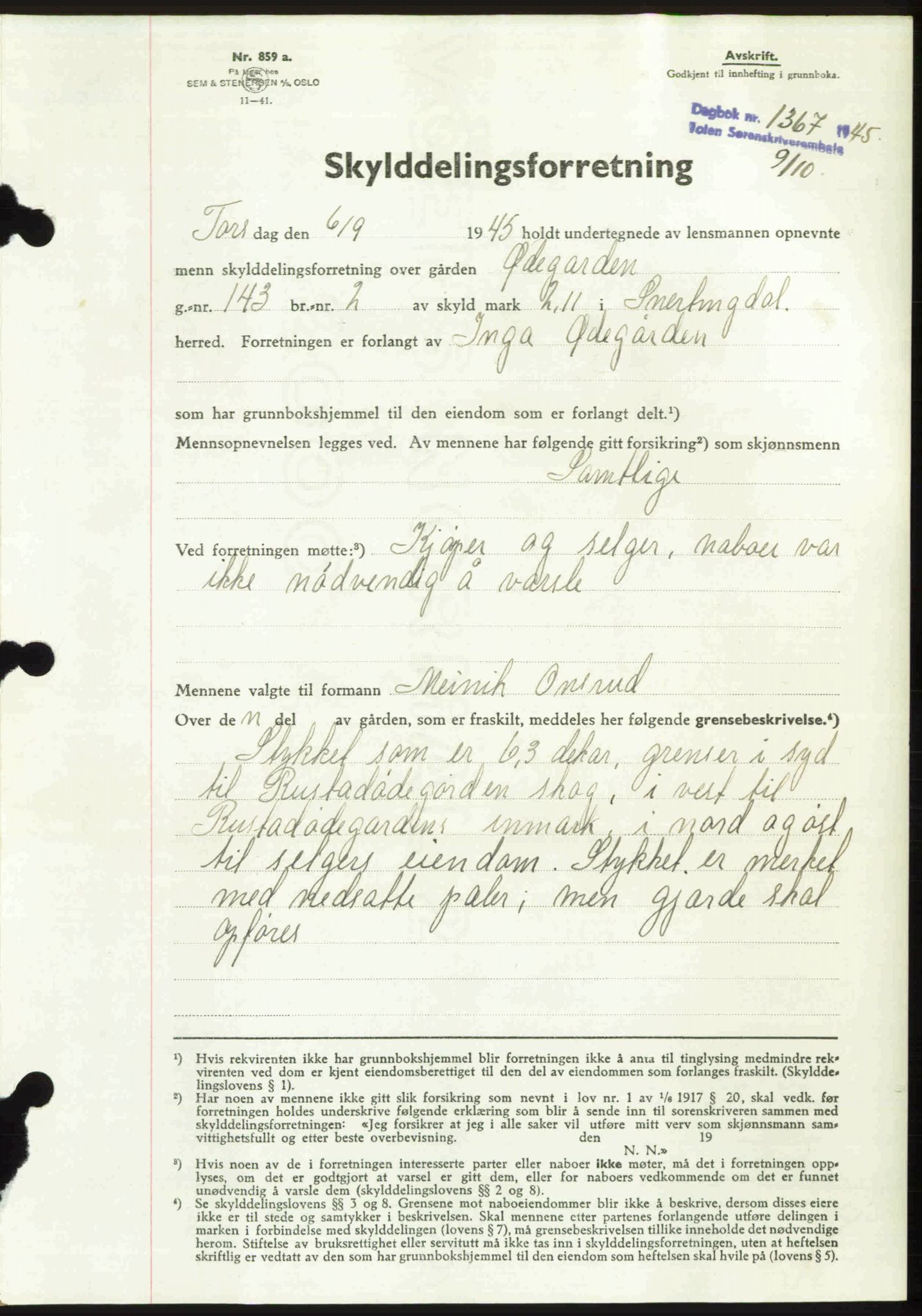 Toten tingrett, SAH/TING-006/H/Hb/Hbc/L0013: Mortgage book no. Hbc-13, 1945-1945, Diary no: : 1367/1945