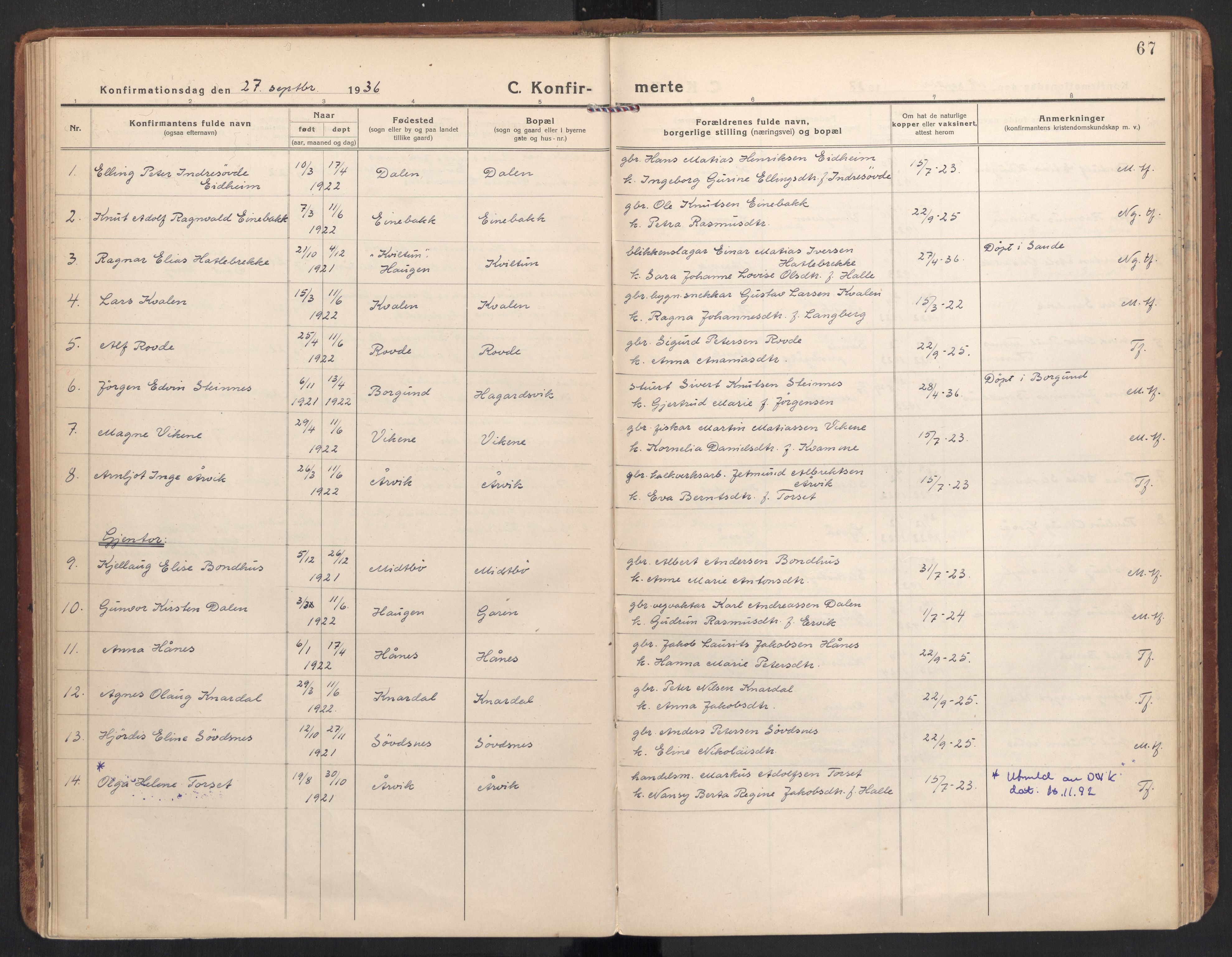 Ministerialprotokoller, klokkerbøker og fødselsregistre - Møre og Romsdal, SAT/A-1454/504/L0058: Parish register (official) no. 504A05, 1920-1940, p. 67