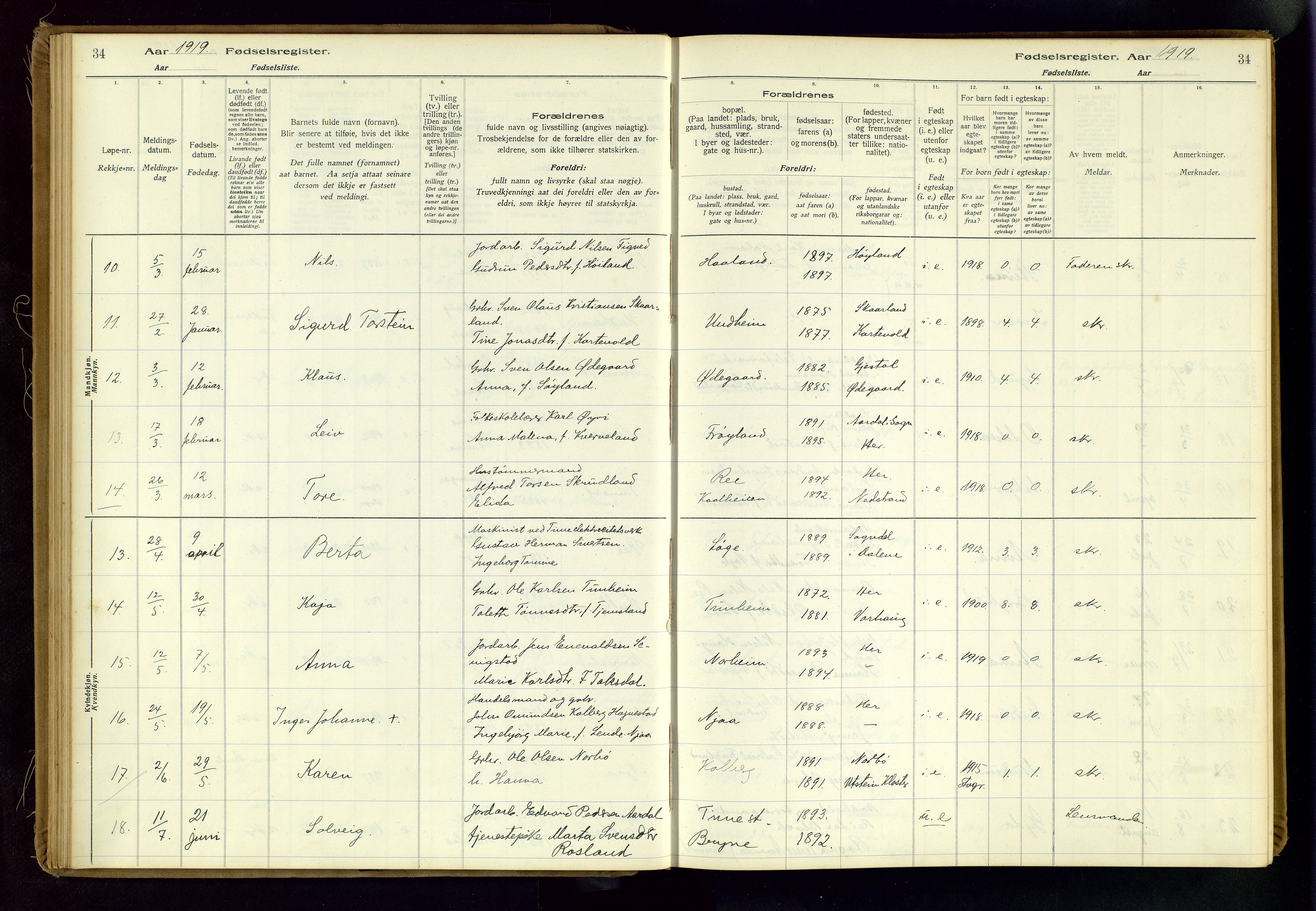 Time sokneprestkontor, SAST/A-101795/001/704BA/L0001: Birth register no. 1, 1916-1934, p. 34